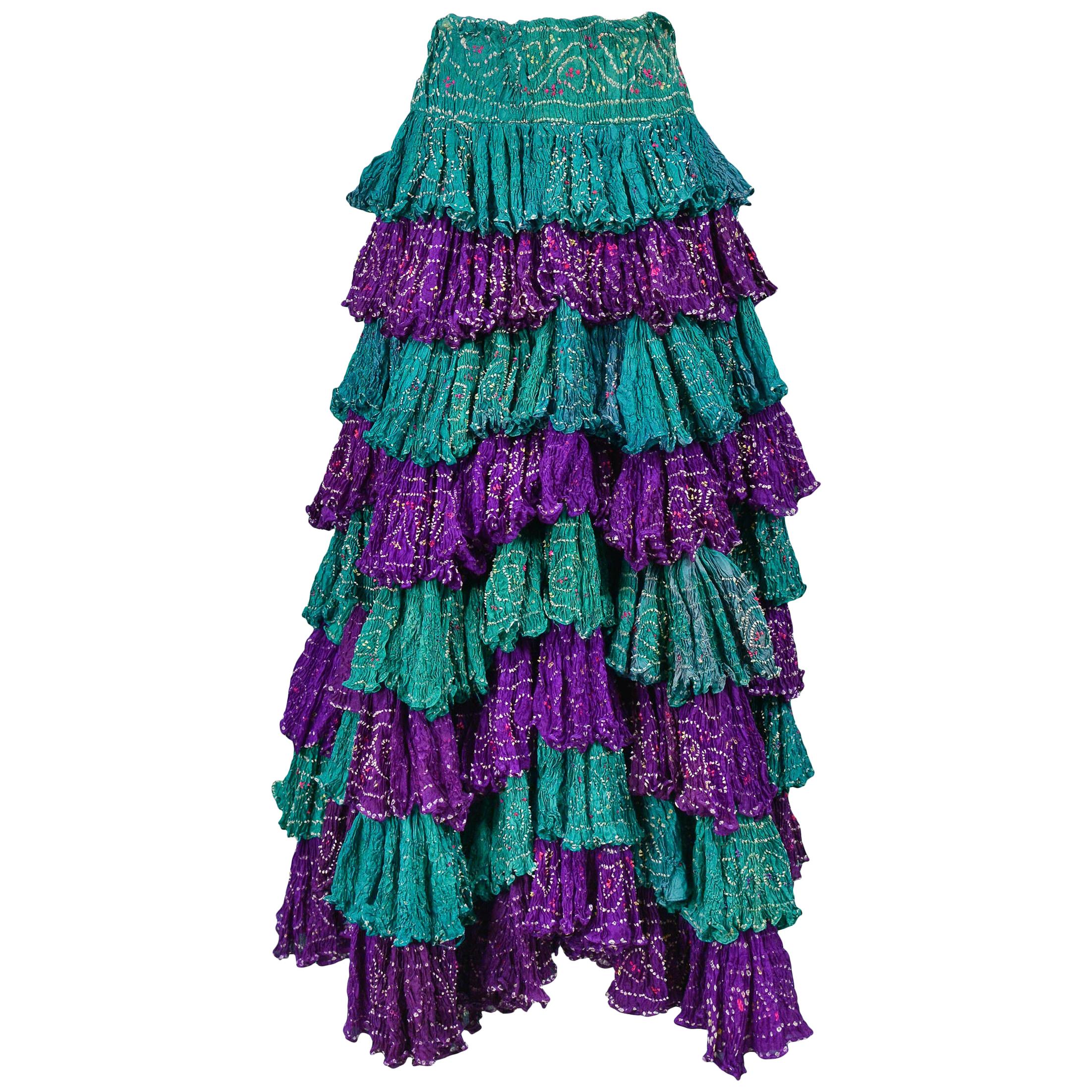 Vintage Romeo Gigli Purple & Green Washed Silk Ruffle Patio Skirt 1990