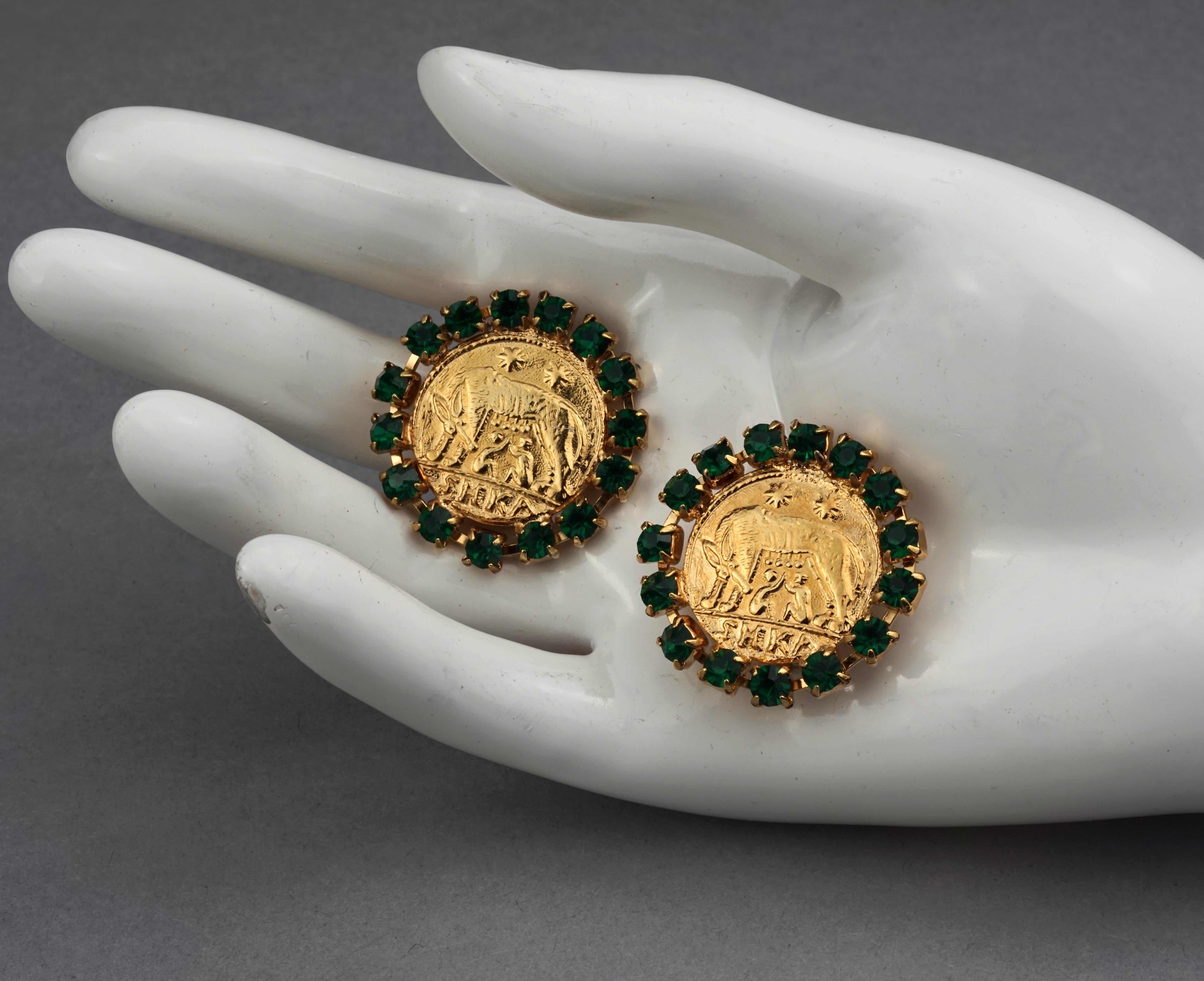 Vintage ROMULUS and REMUS Green Rhinestone Roman Coin Disc Earrings 3