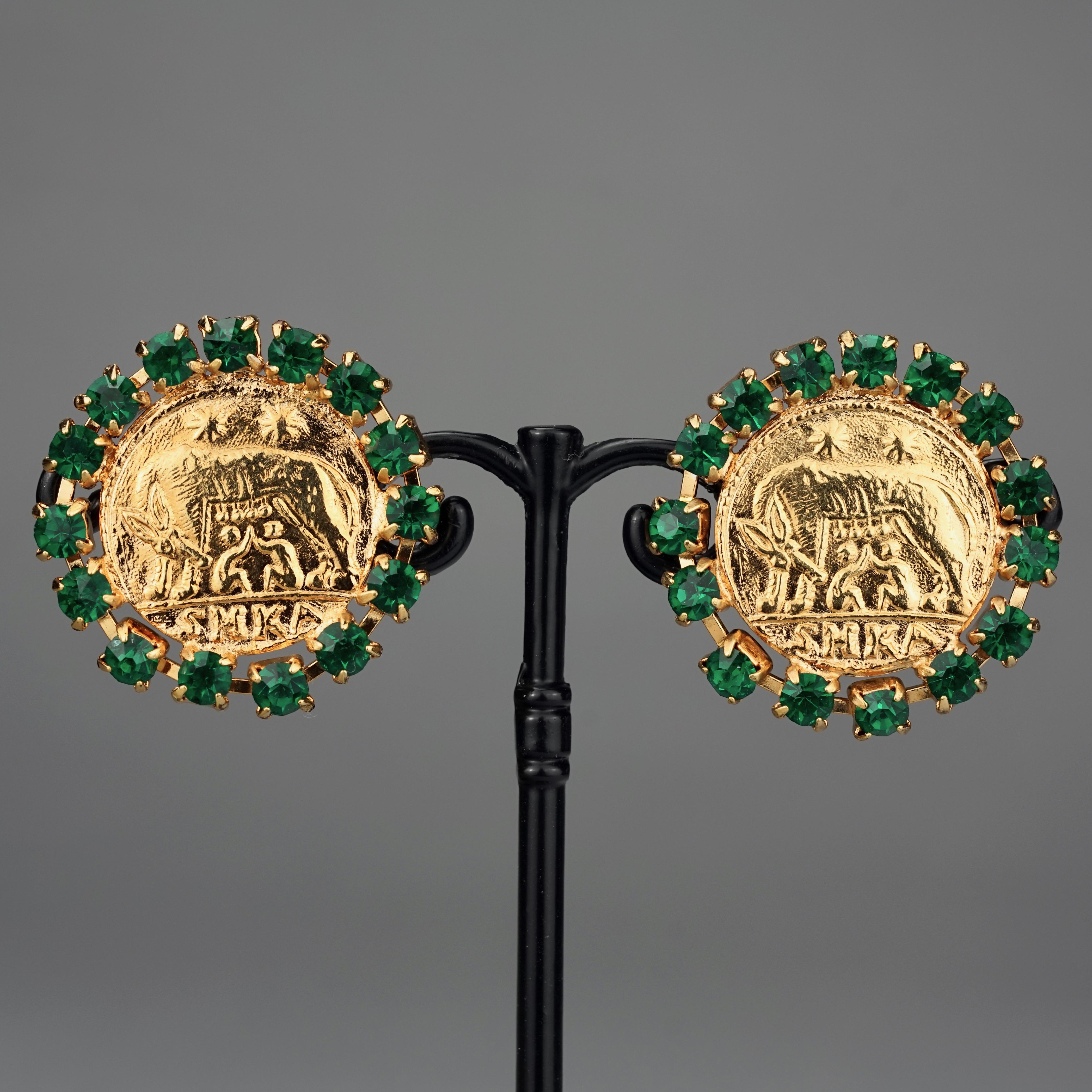 Vintage ROMULUS and REMUS Green Rhinestone Roman Coin Disc Earrings In Excellent Condition In Kingersheim, Alsace