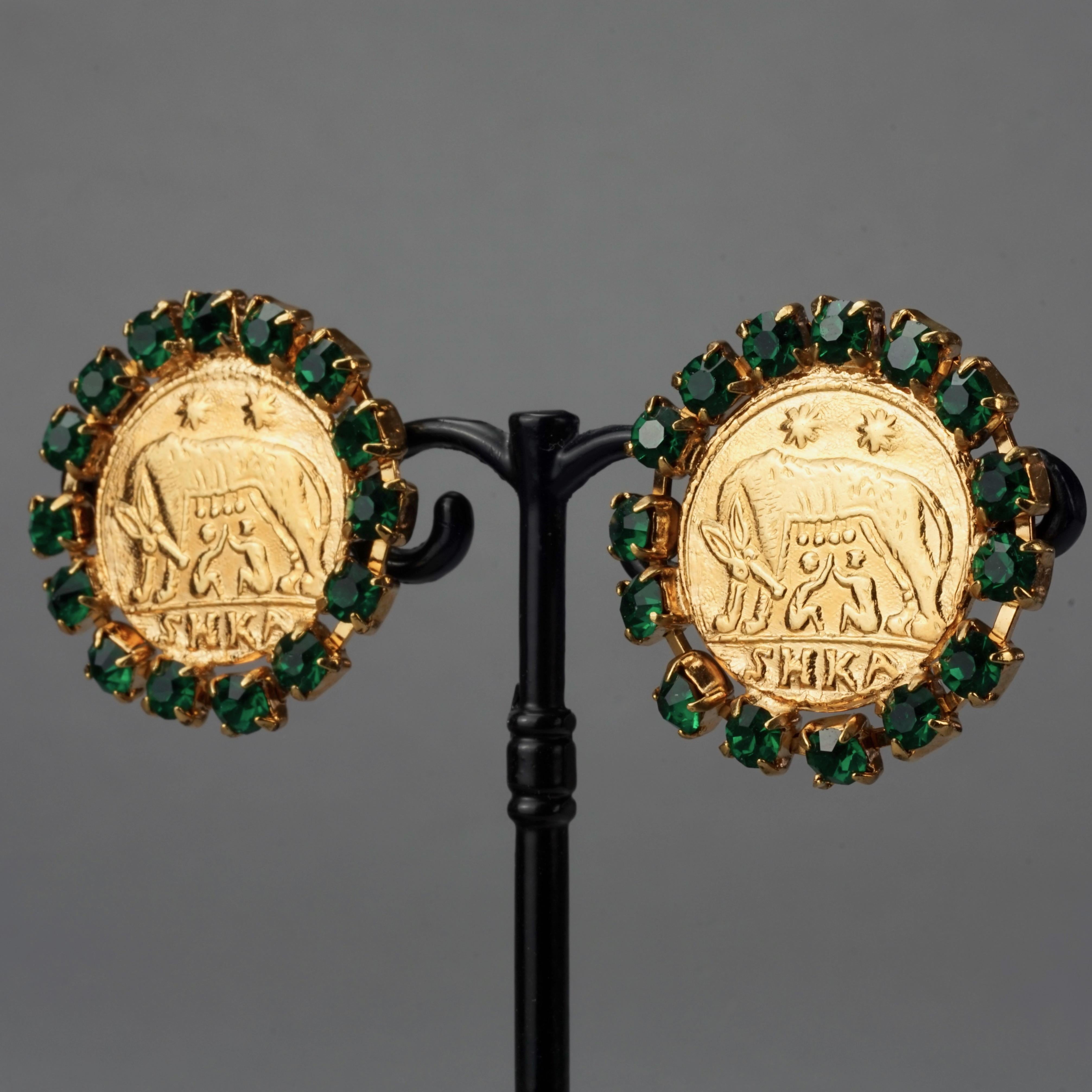Women's Vintage ROMULUS and REMUS Green Rhinestone Roman Coin Disc Earrings