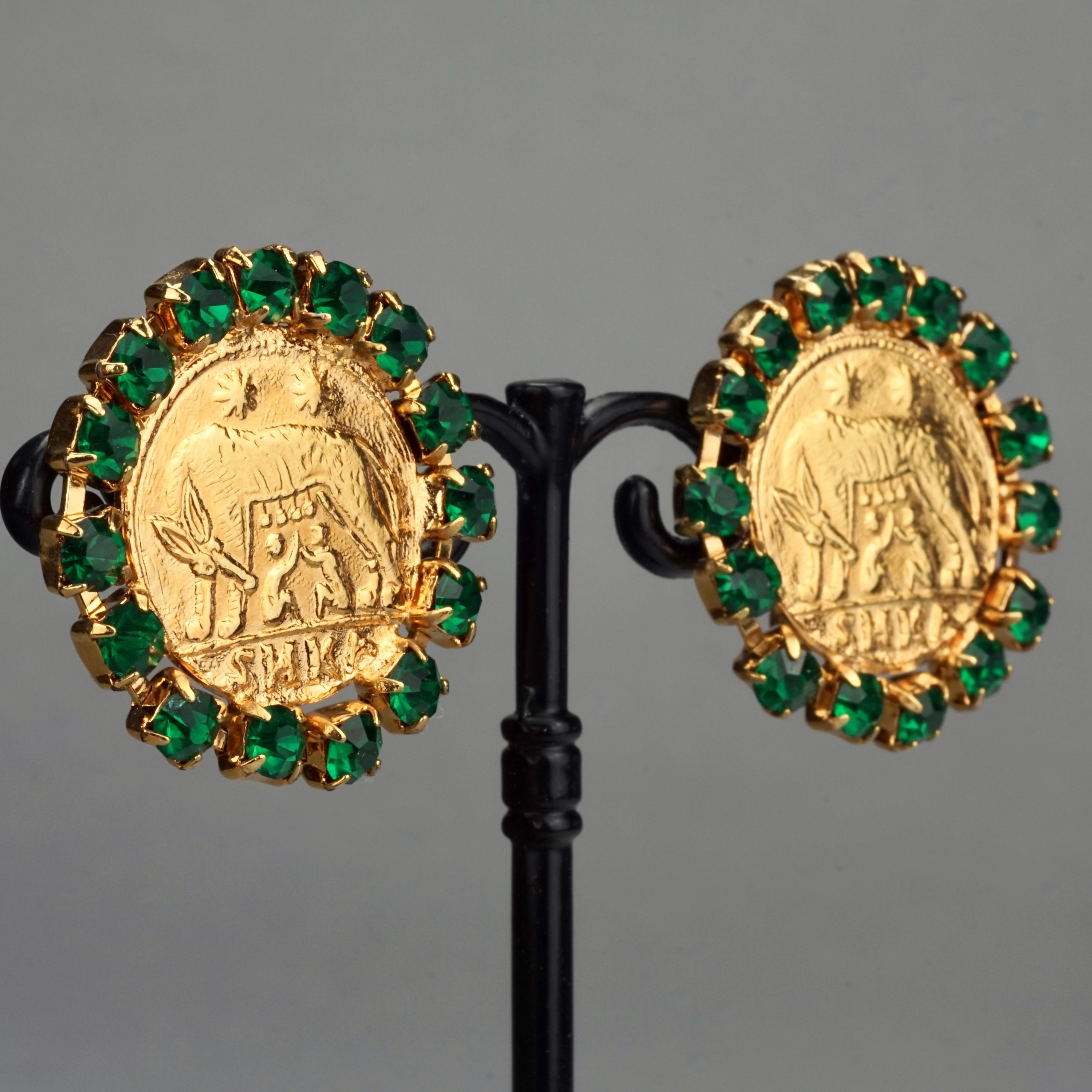 Vintage ROMULUS and REMUS Green Rhinestone Roman Coin Disc Earrings 1