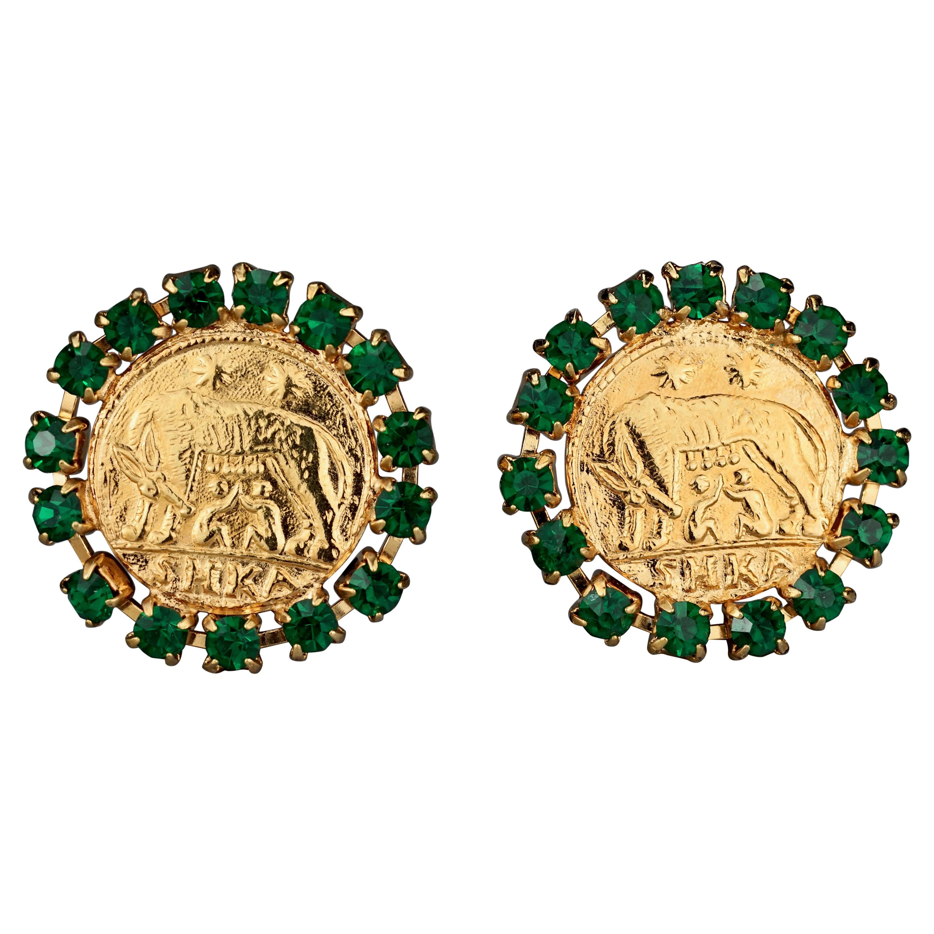 Vintage ROMULUS and REMUS Green Rhinestone Roman Coin Disc Earrings