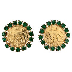 ROMULUS et REMUS, boucles d'oreilles vintage en forme de disque avec pièces de monnaie romaines vertes en strass