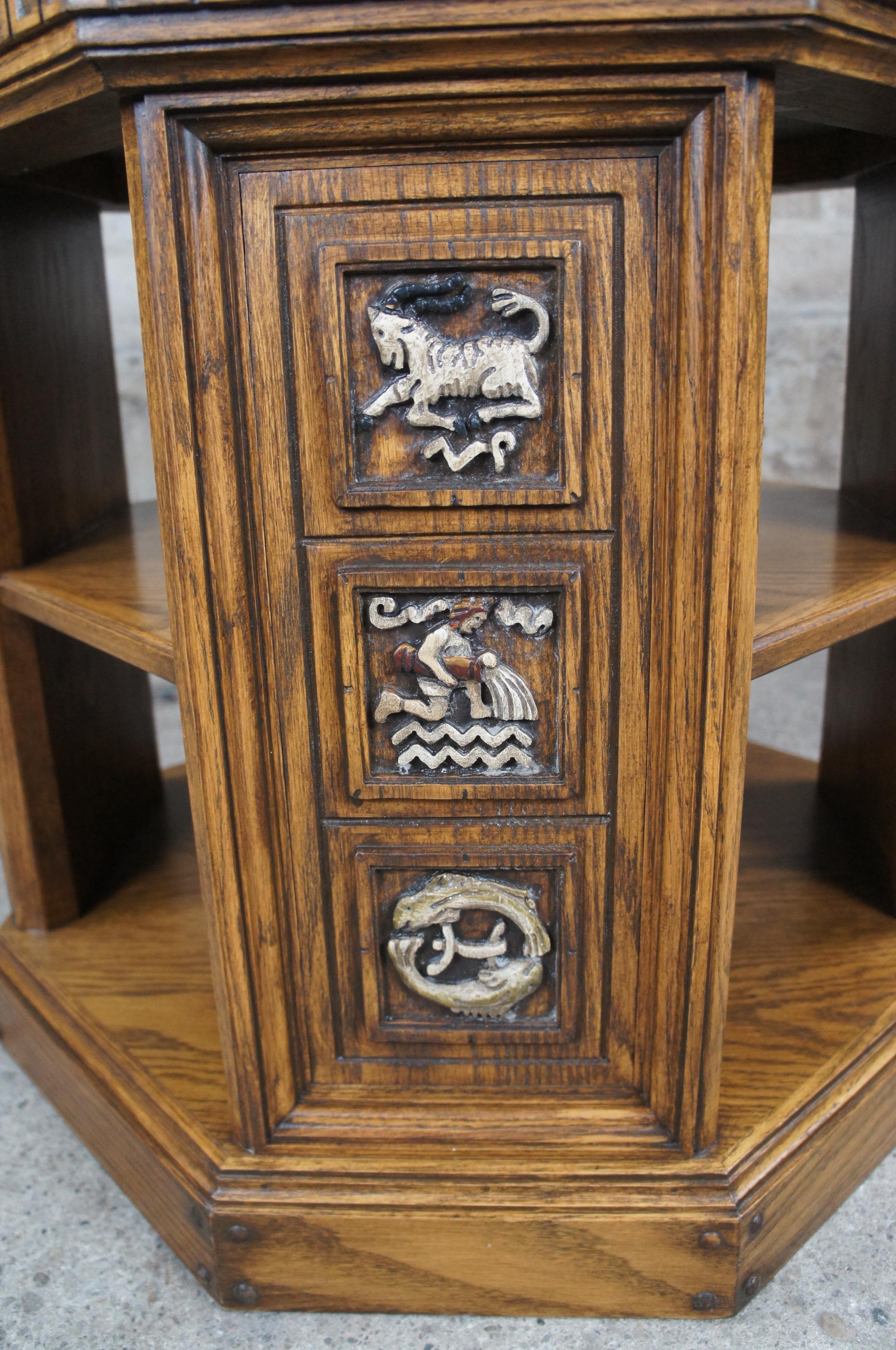 Vintage Romweber Viking Oak Carved Zodiac Octagonal Leather Top Tiered End Table 2