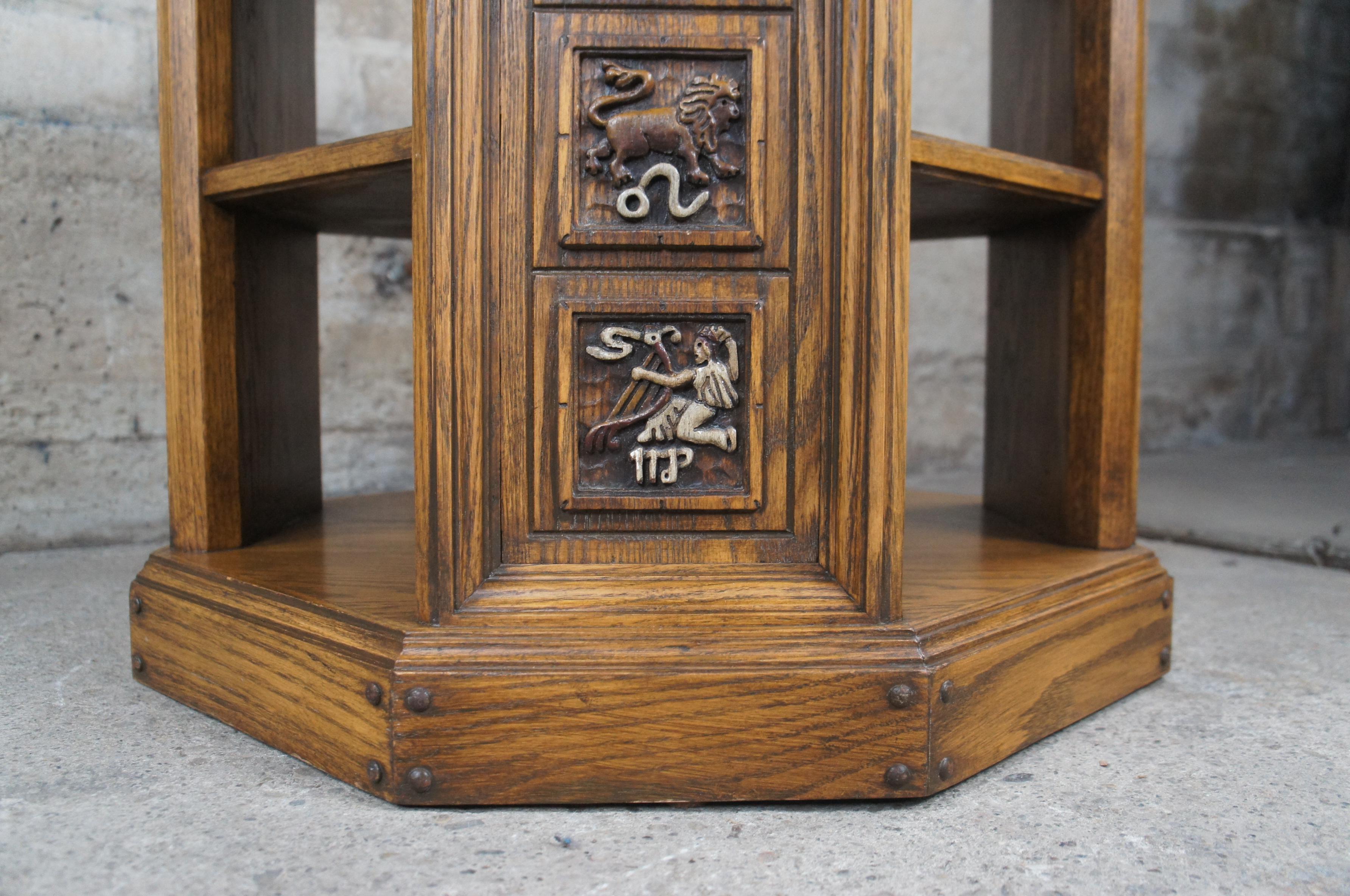 Vintage Romweber Viking Oak Carved Zodiac Octagonal Leather Top Tiered End Table 4