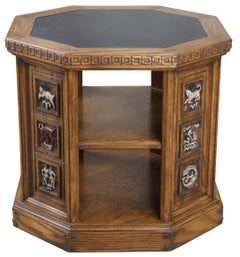 Vintage Romweber Viking Oak Carved Zodiac Octagonal Leather Top Tiered End Table
