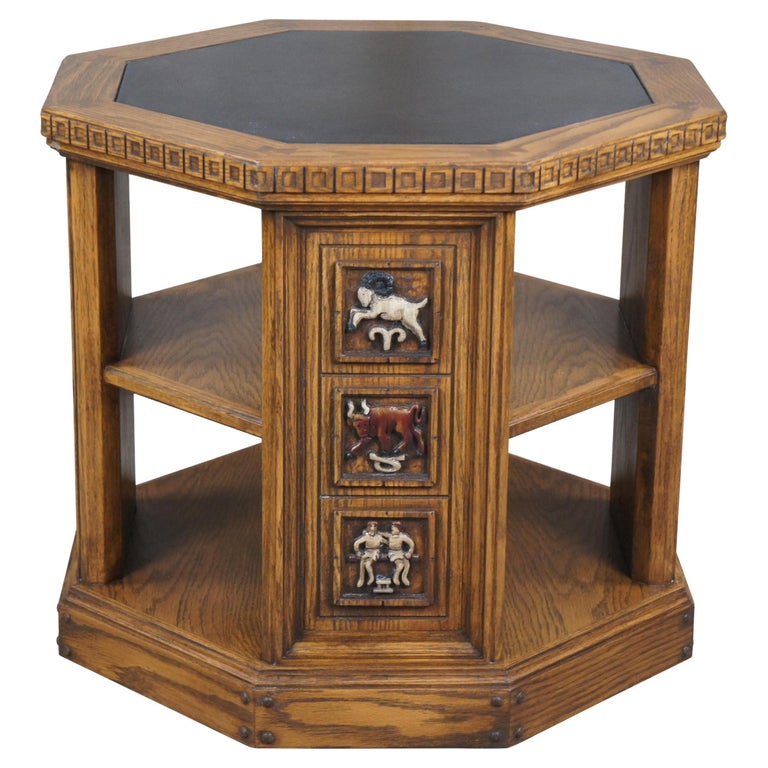 Vintage Romweber Viking Oak Carved Zodiac Octagonal Leather Top Tiered