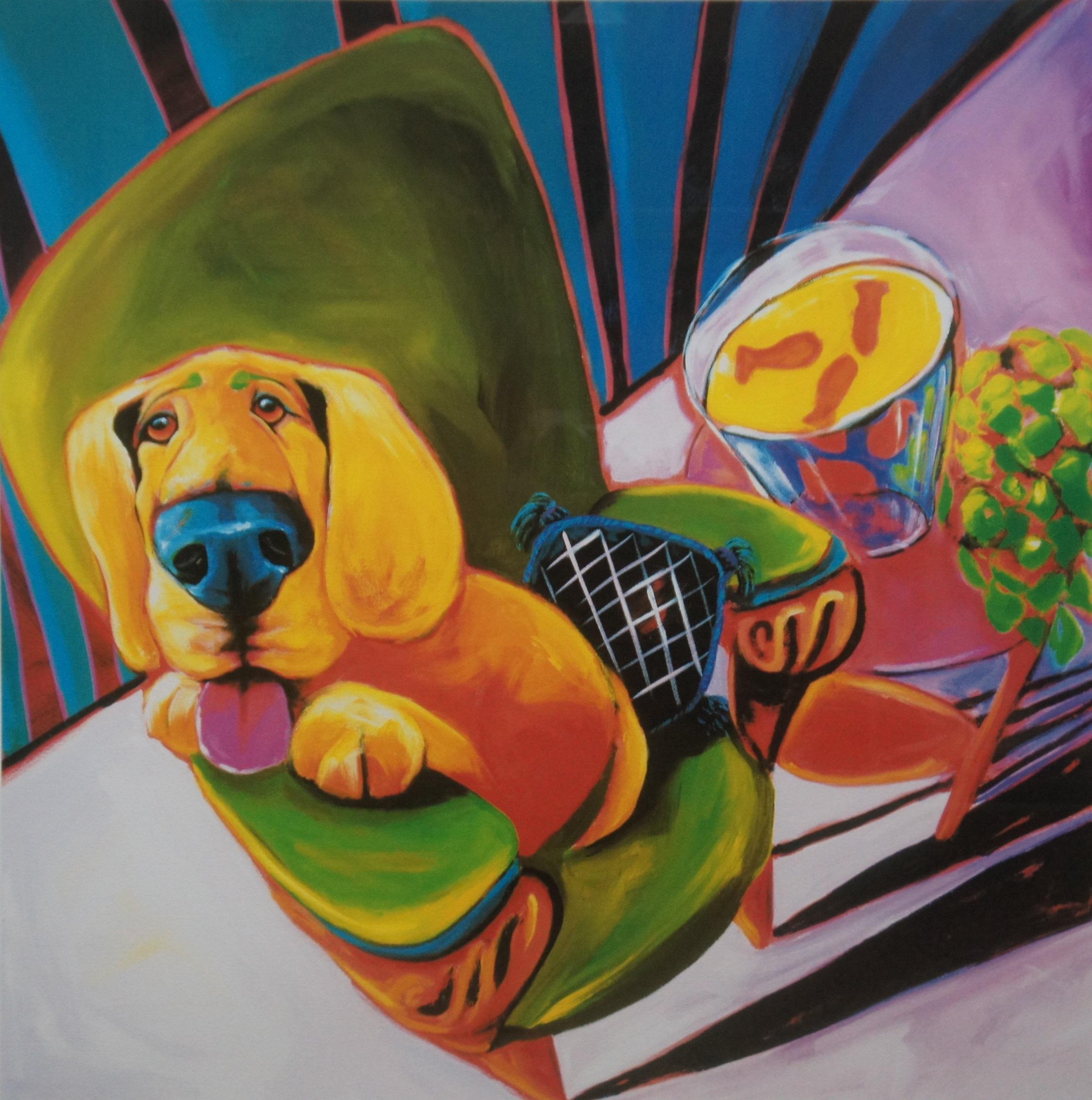 Vintage Ron Burns Best Seat Giclee Print Dog Puppy in Favorite Chair In Good Condition In Dayton, OH