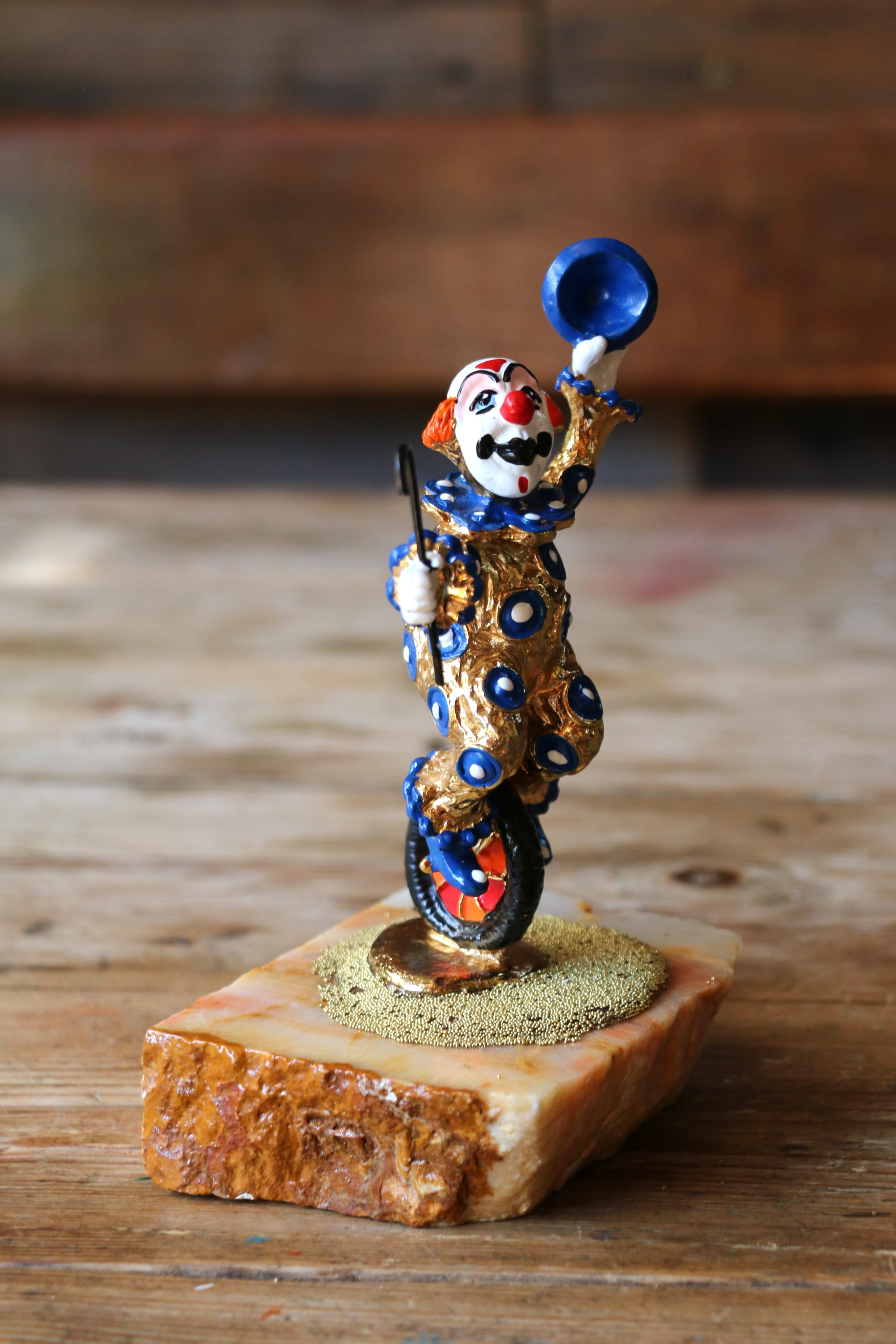 Metallo Vintage Ron Lee Clown Circus Figurine su base di onice, 1979 in vendita