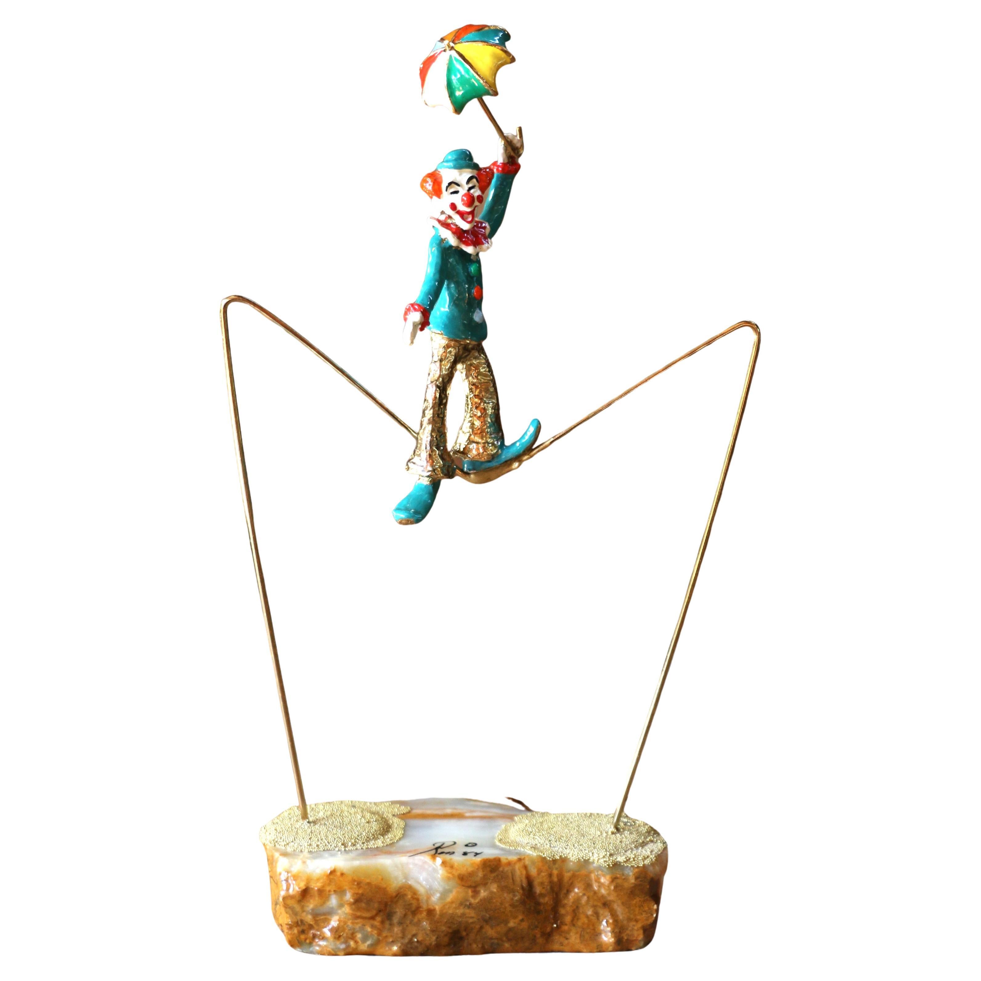 Vintage Ron Lee Clown Figurina Clown con ombrello su corda tesa, Circa 1984