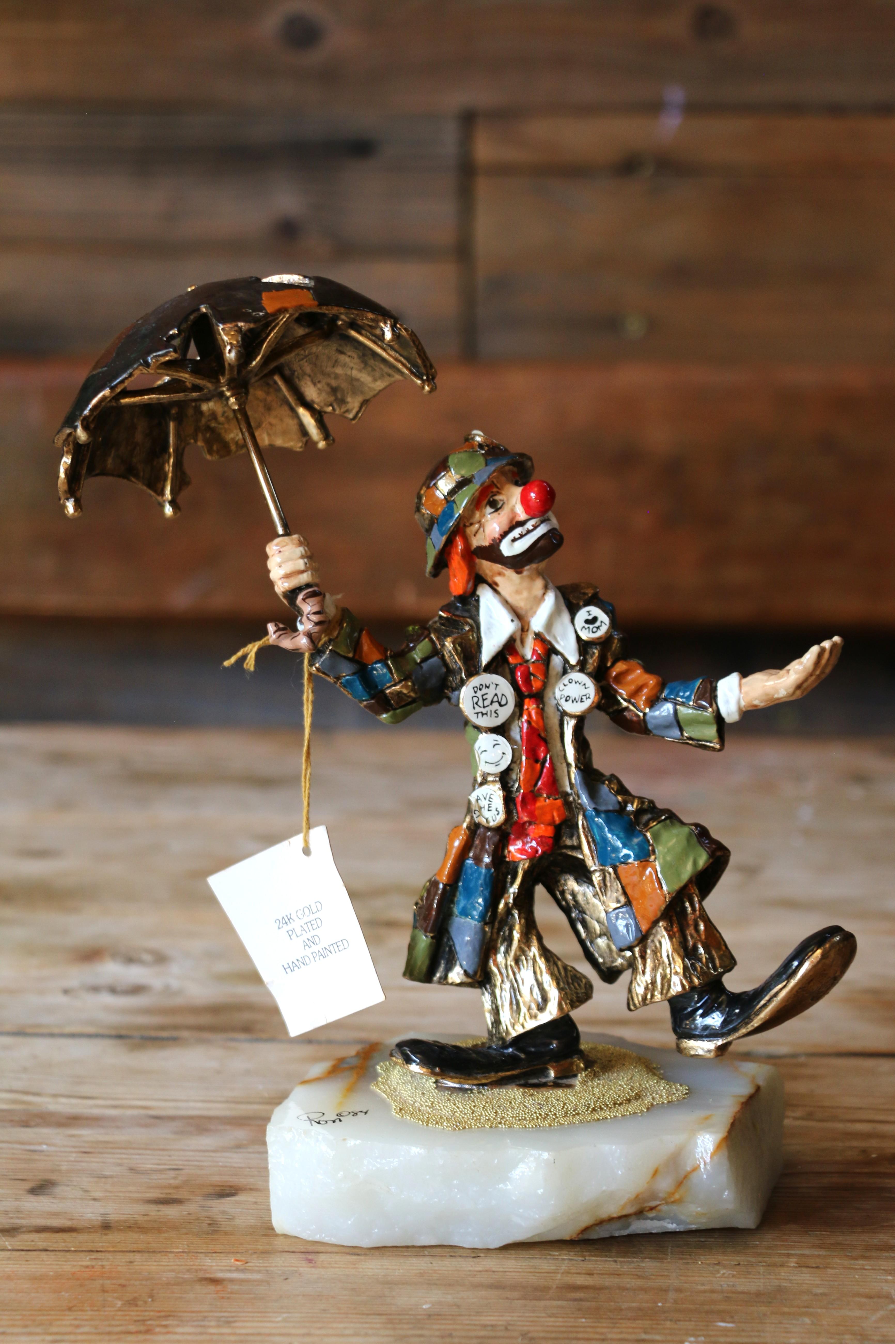 Spettacolare statuetta vintage di Hobo Clown con ombrello, forse 