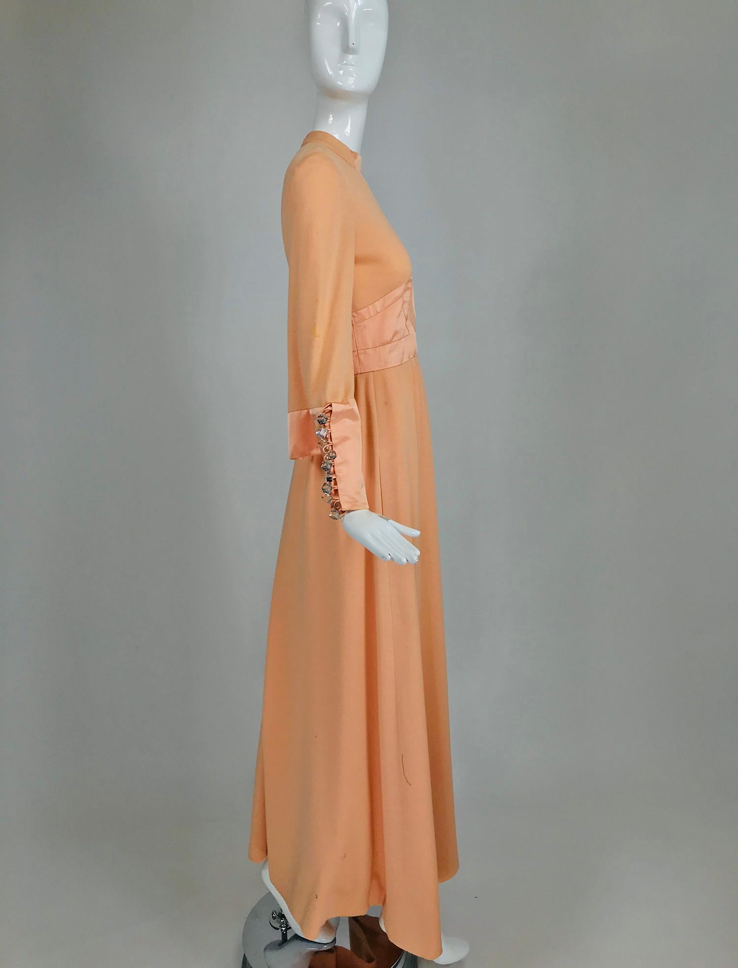 Vintage Ronald Amey Peach Knit and Satin Mod Maxi Dress 1960s In Good Condition In West Palm Beach, FL
