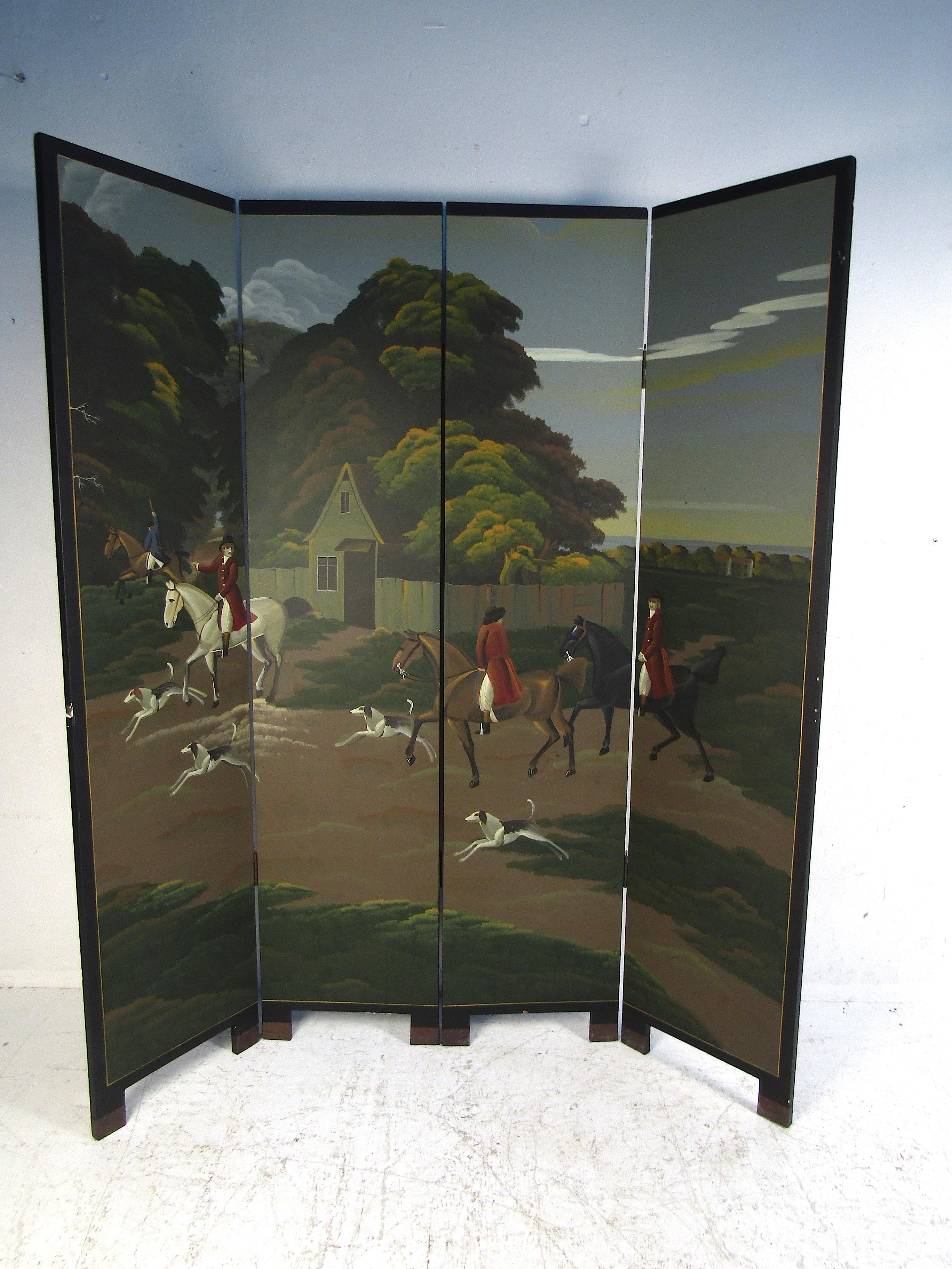 Vintage room divider with an illustration of an equestrian scene on its front. Please confirm item location with dealer (NJ or NY).