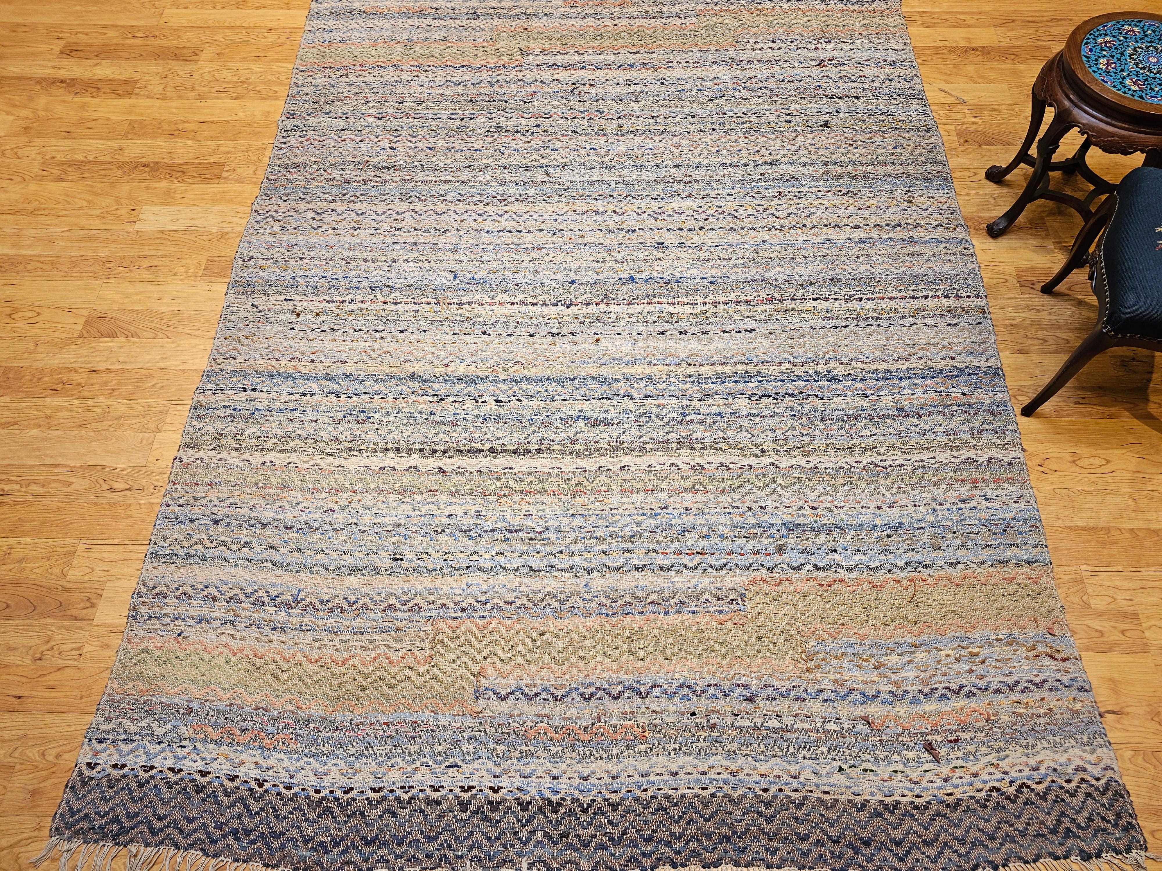Early 20th Century Room Size American Rag Rug in Multicolor Striped Pattern For Sale 5