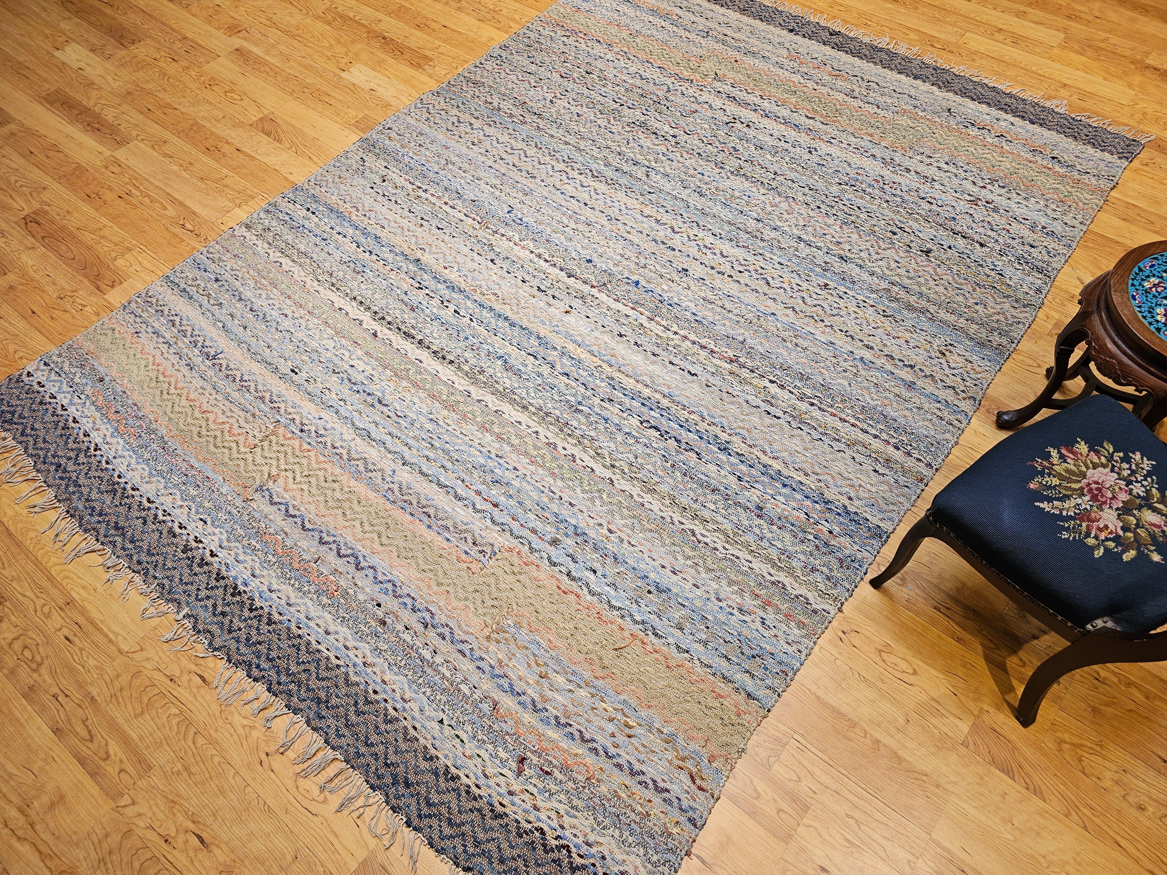Early 20th Century Room Size American Rag Rug in Multicolor Striped Pattern For Sale 6