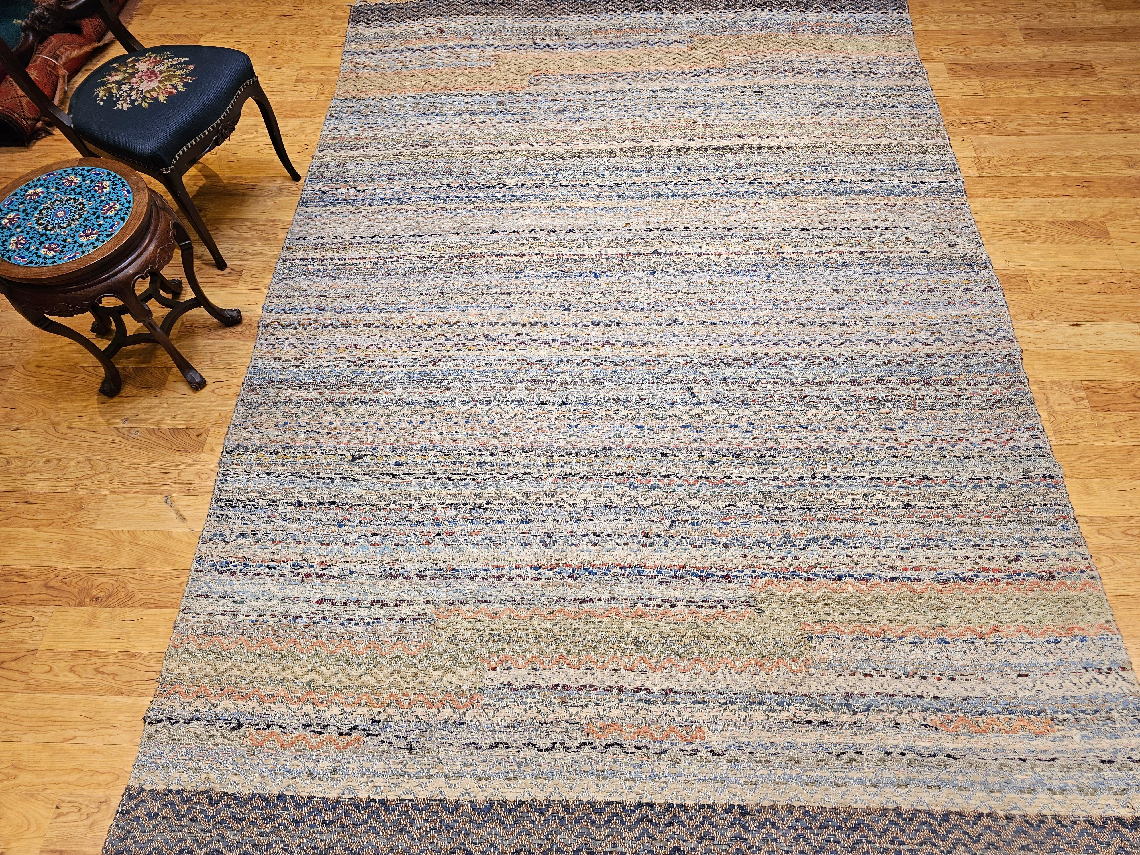 Early 20th Century Room Size American Rag Rug in Multicolor Striped Pattern For Sale 8