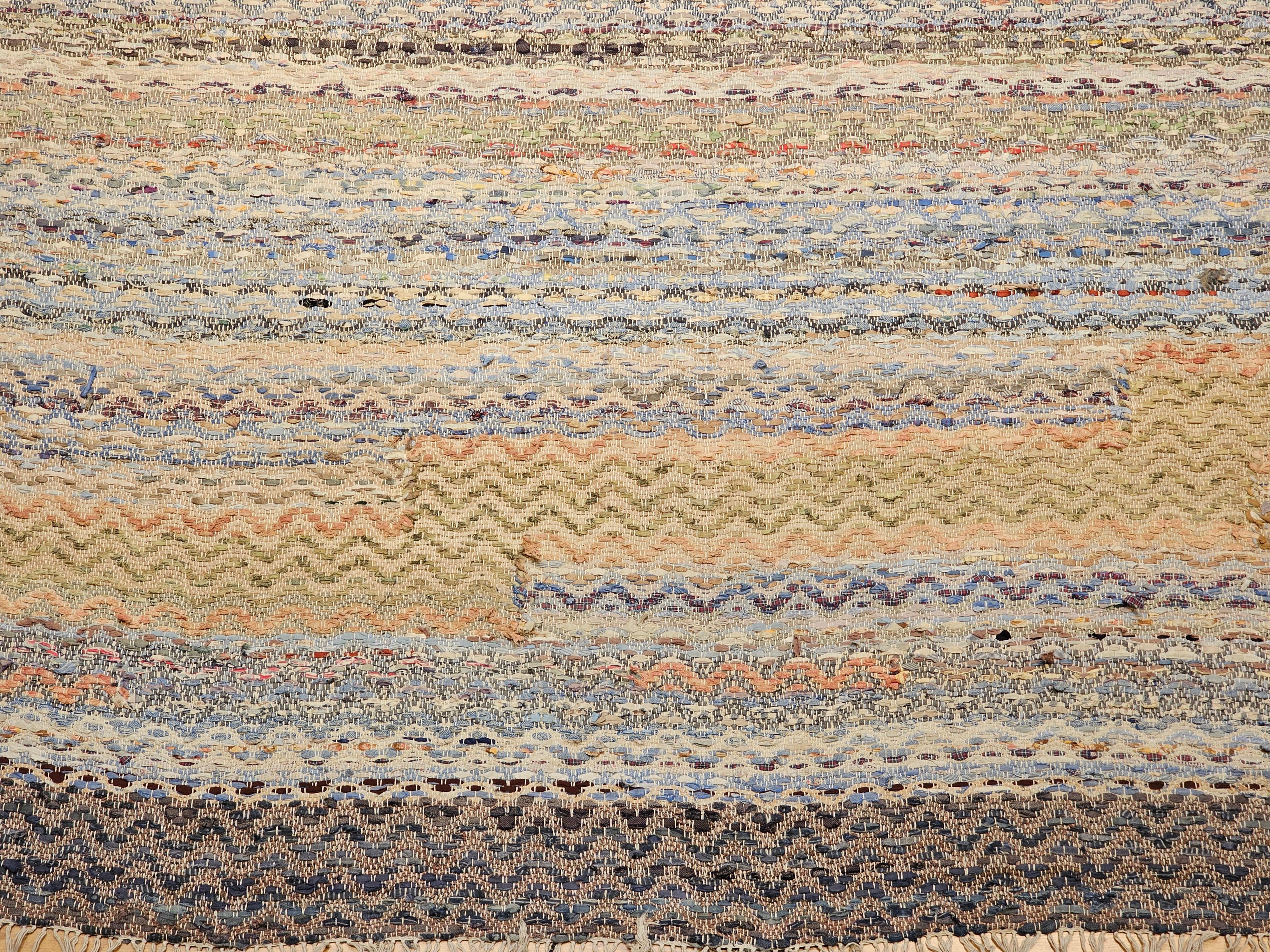 Hand-Crafted Early 20th Century Room Size American Rag Rug in Multicolor Striped Pattern For Sale