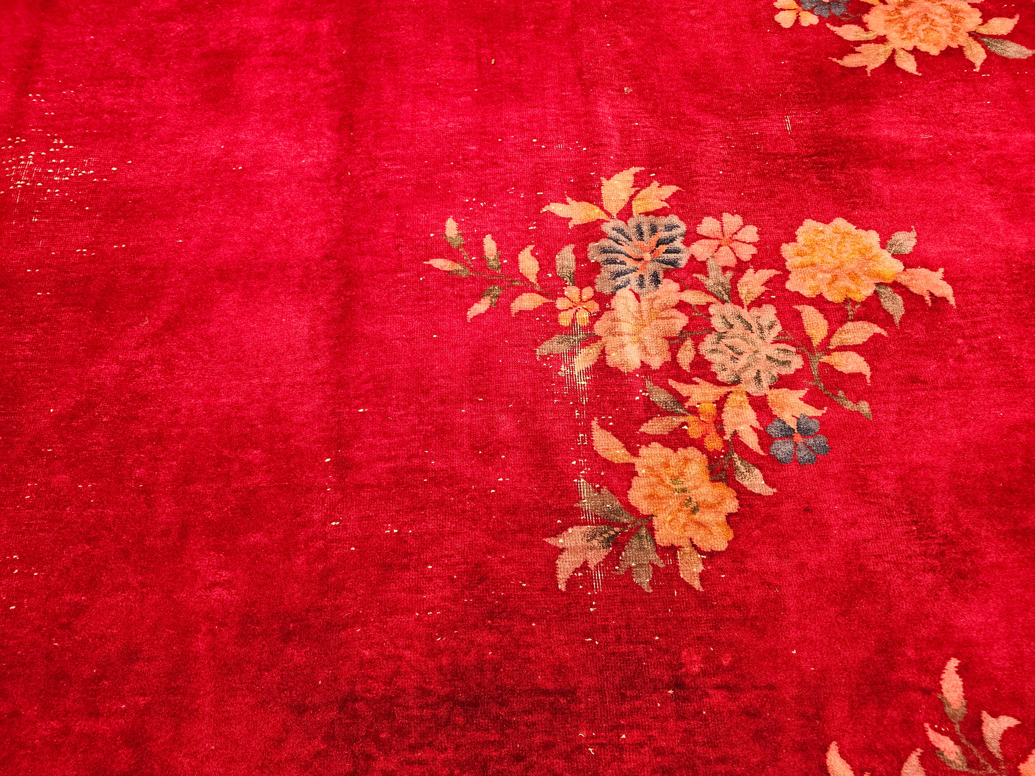 Early 20th Century Chinese Art Deco Rug in All-Over Floral Pattern in Crimson For Sale 5