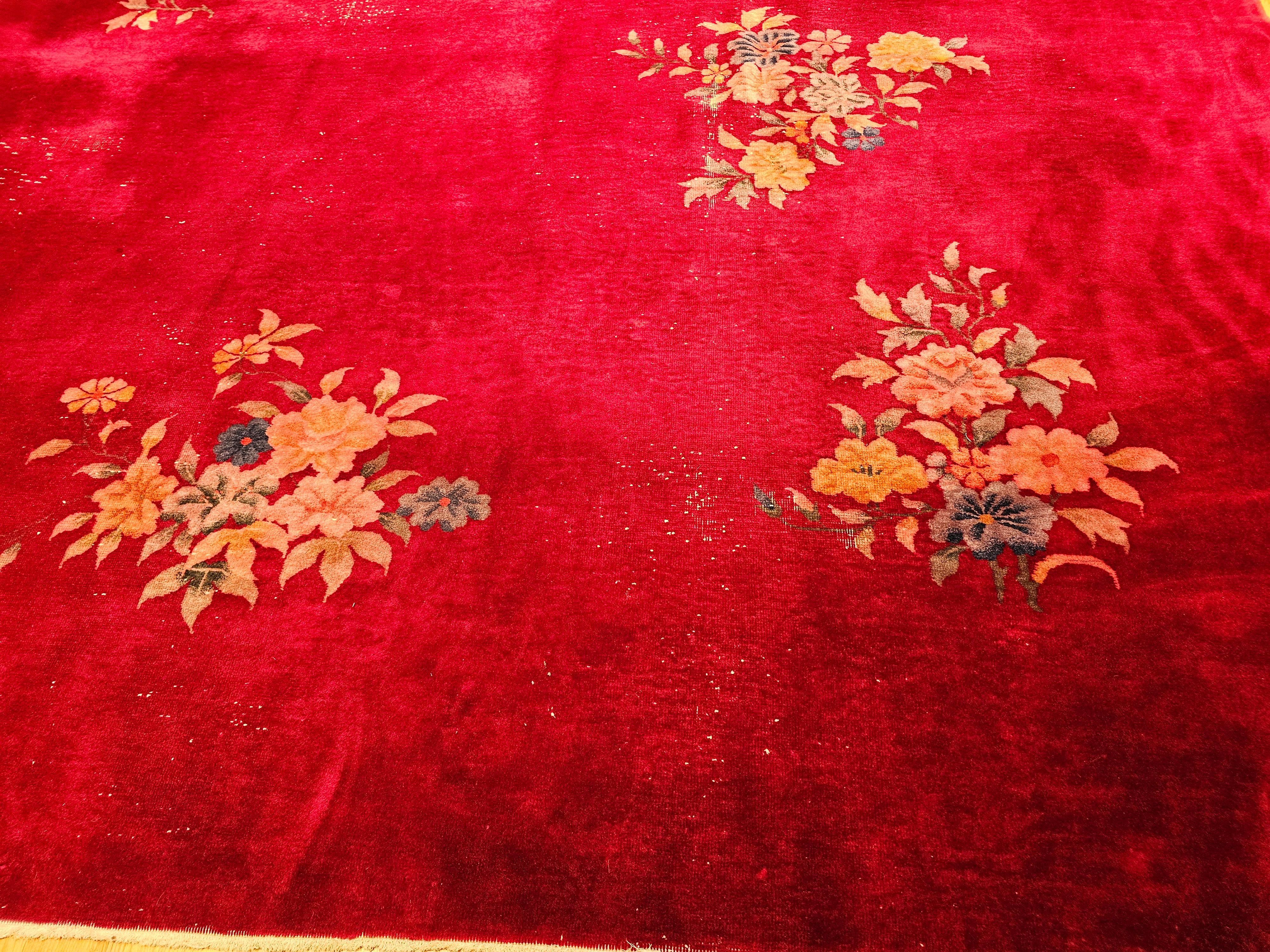 Early 20th Century Chinese Art Deco Rug in All-Over Floral Pattern in Crimson For Sale 7