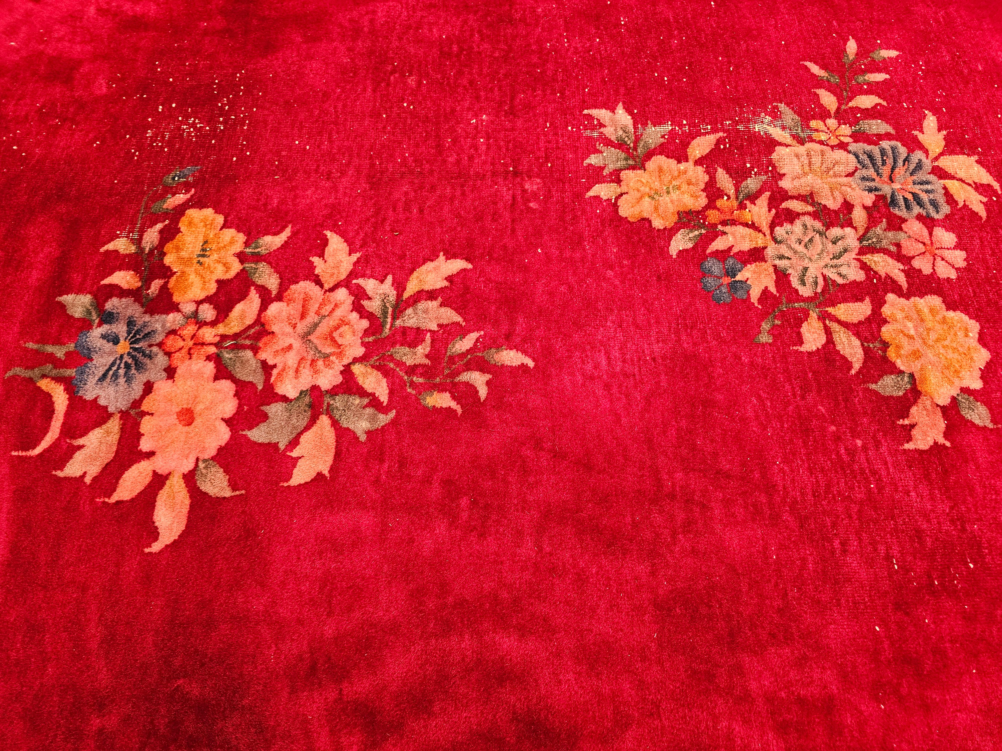Early 20th Century Chinese Art Deco Rug in All-Over Floral Pattern in Crimson For Sale 8