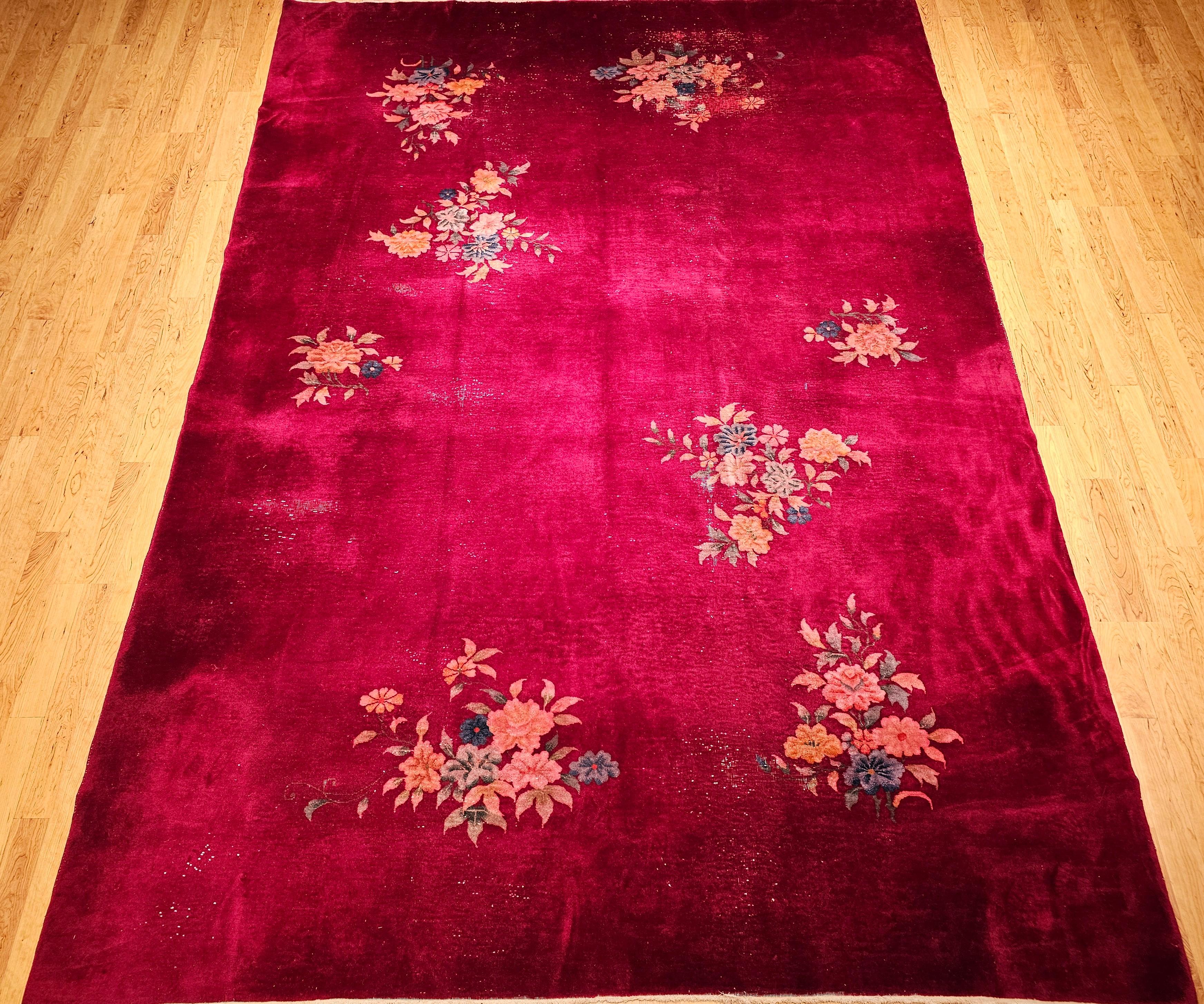 Hand-Woven Early 20th Century Chinese Art Deco Rug in All-Over Floral Pattern in Crimson For Sale