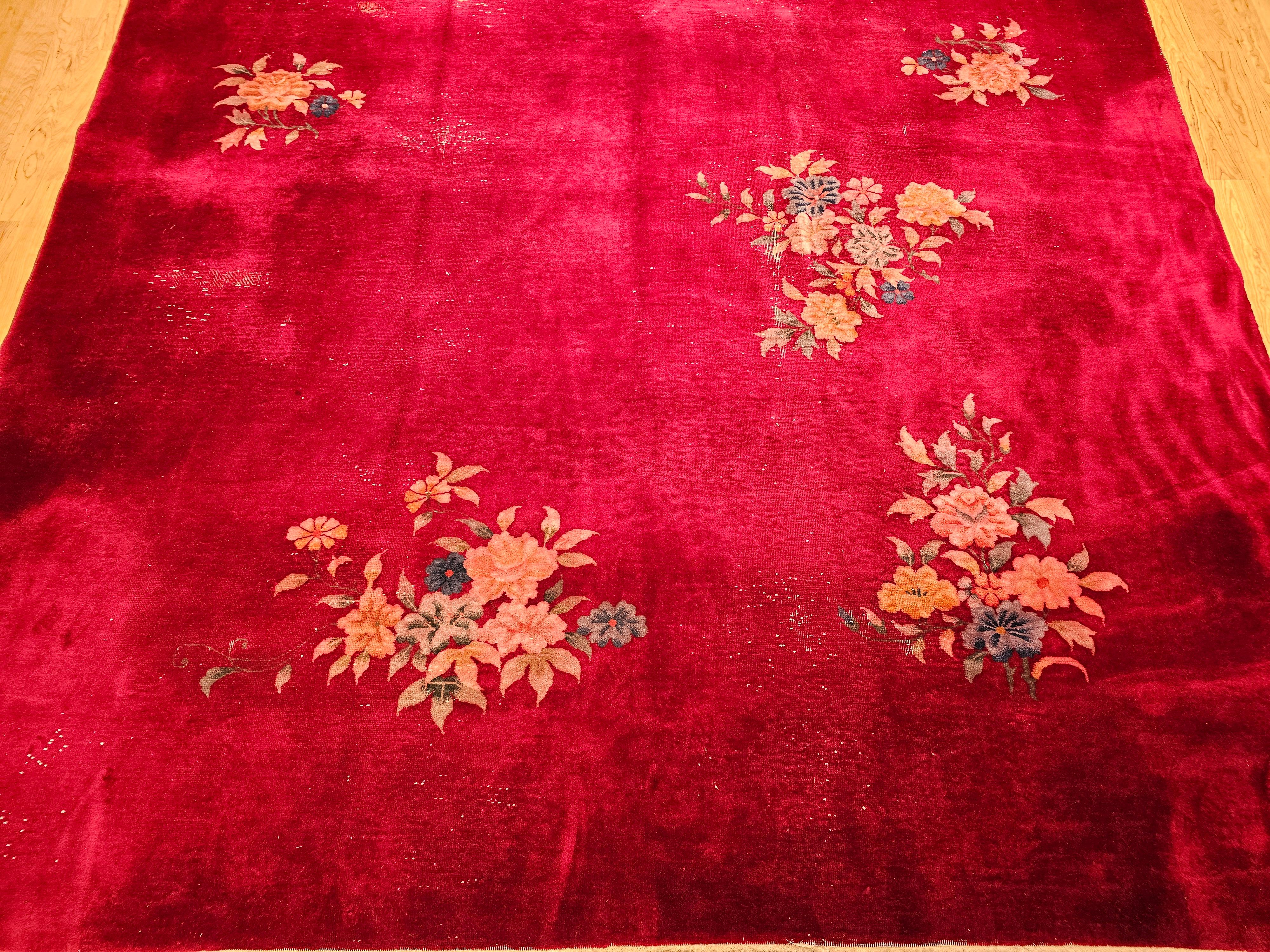 Early 20th Century Chinese Art Deco Rug in All-Over Floral Pattern in Crimson In Good Condition For Sale In Barrington, IL