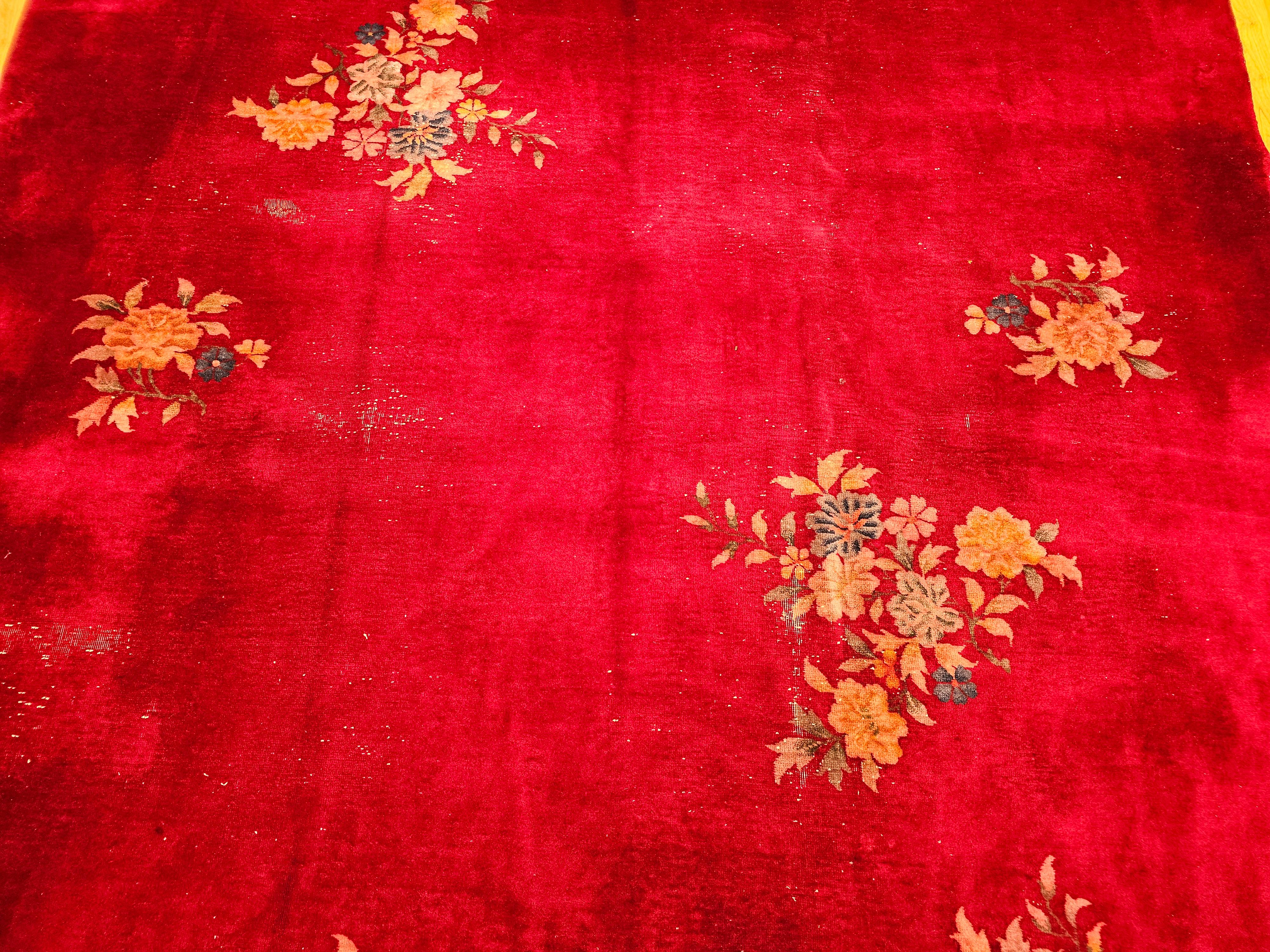 Wool Early 20th Century Chinese Art Deco Rug in All-Over Floral Pattern in Crimson For Sale