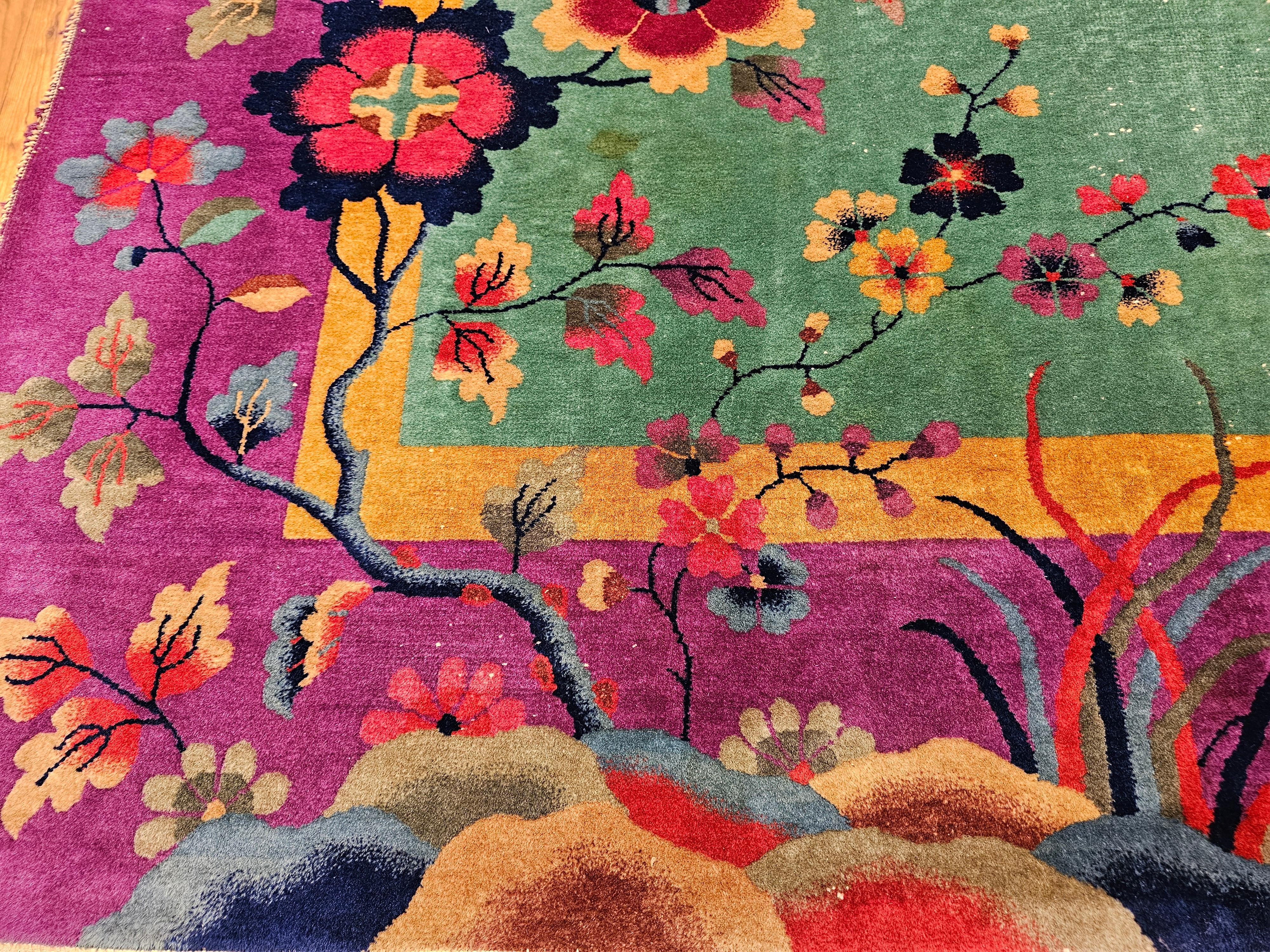 Wool Vintage Room Size Art Deco Chinese Rug For Sale