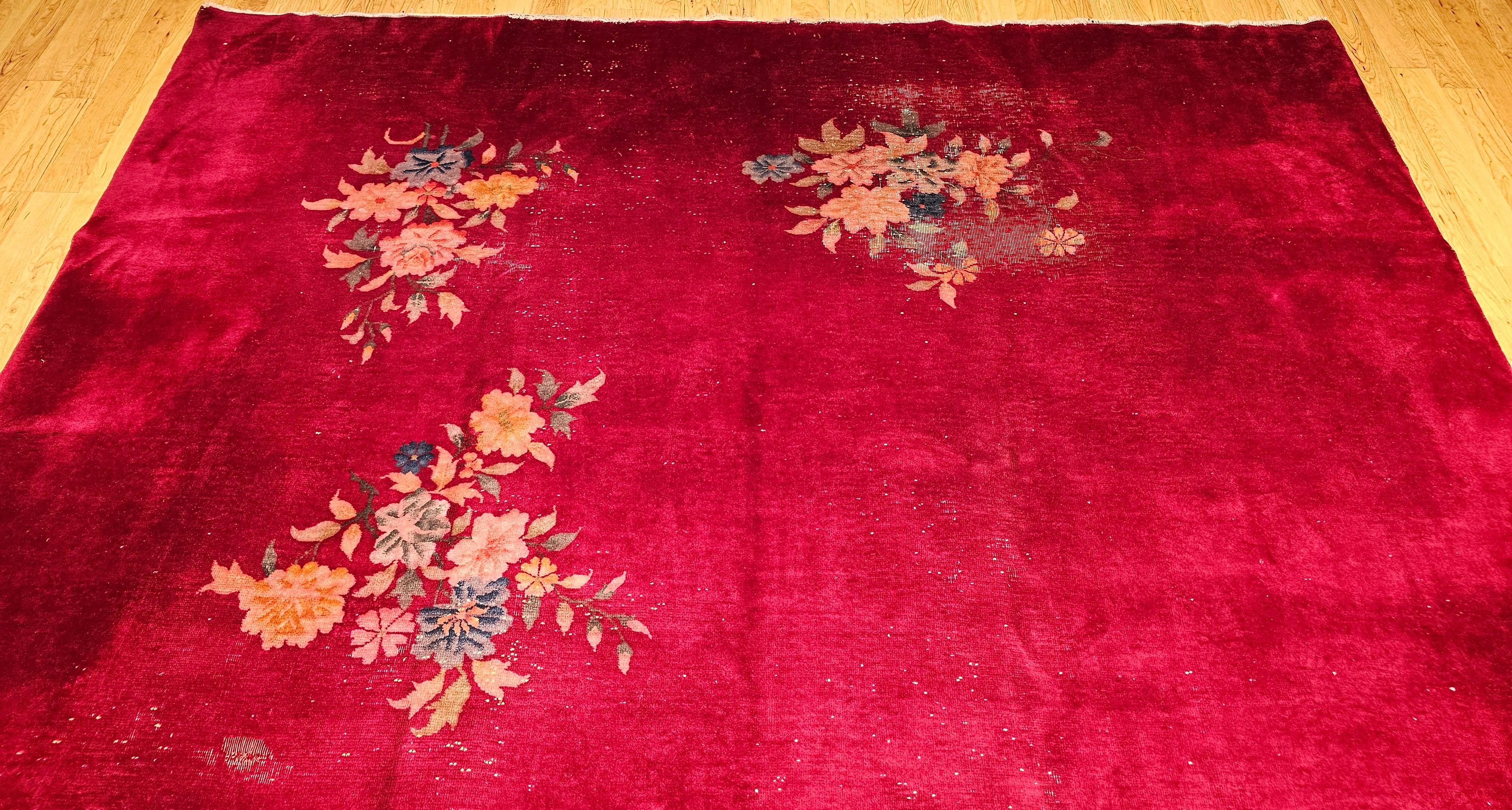 Early 20th Century Chinese Art Deco Rug in All-Over Floral Pattern in Crimson For Sale 1