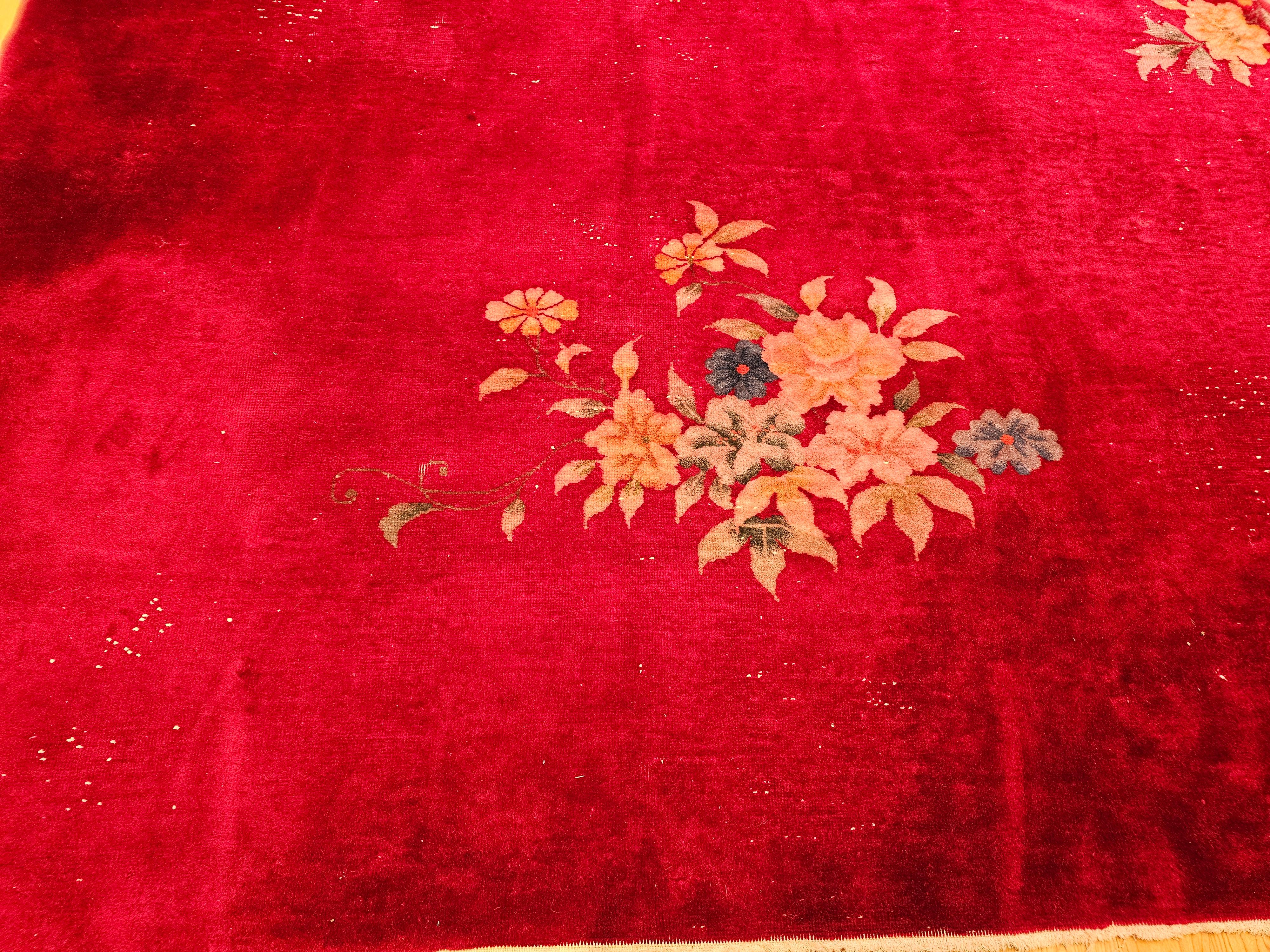Early 20th Century Chinese Art Deco Rug in All-Over Floral Pattern in Crimson For Sale 4