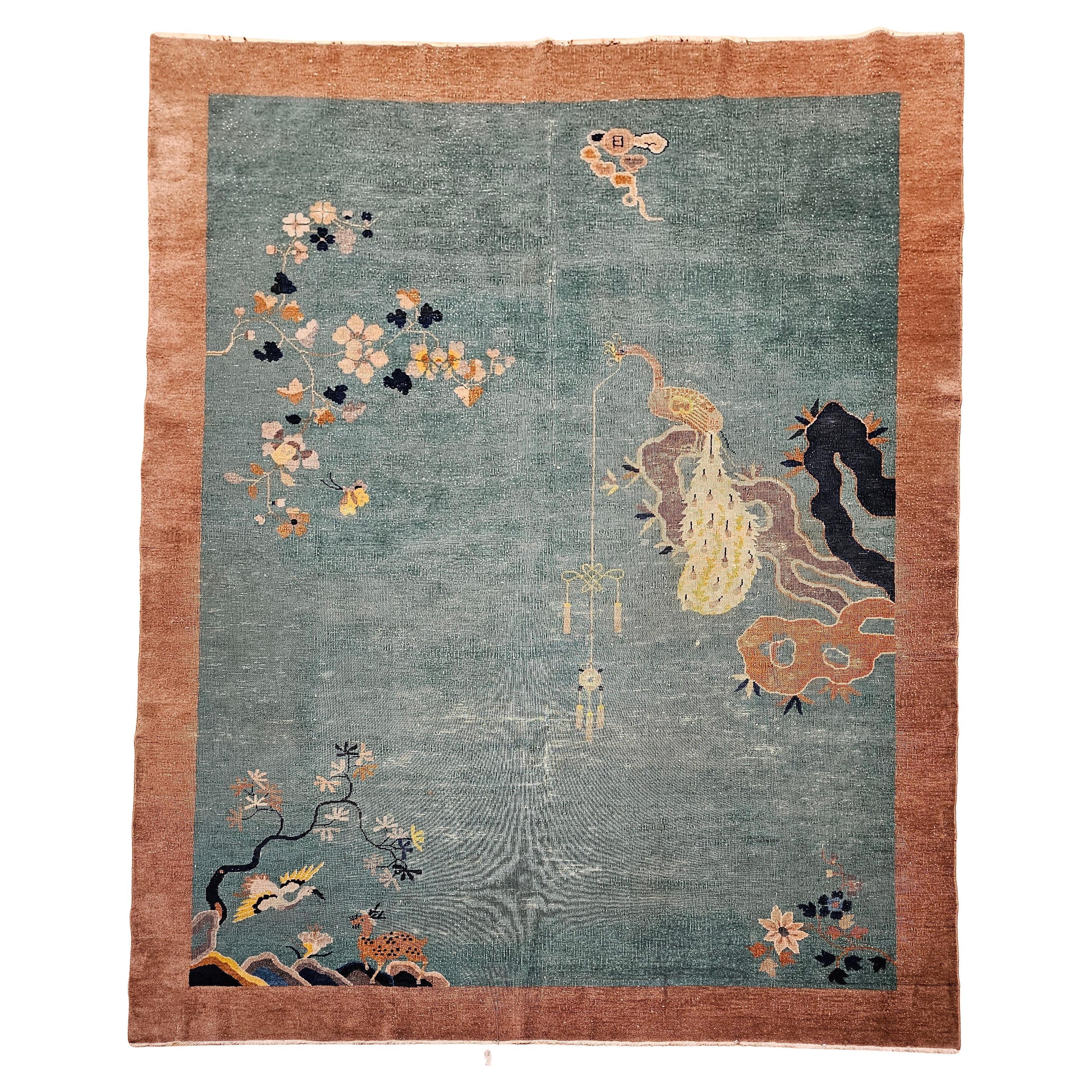 Vintage Room Size Art Deco Chinese Rug in Green, Brown