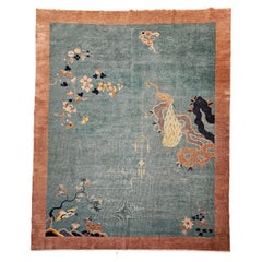Vintage Room Size Art Deco Chinese Rug in Green, Brown
