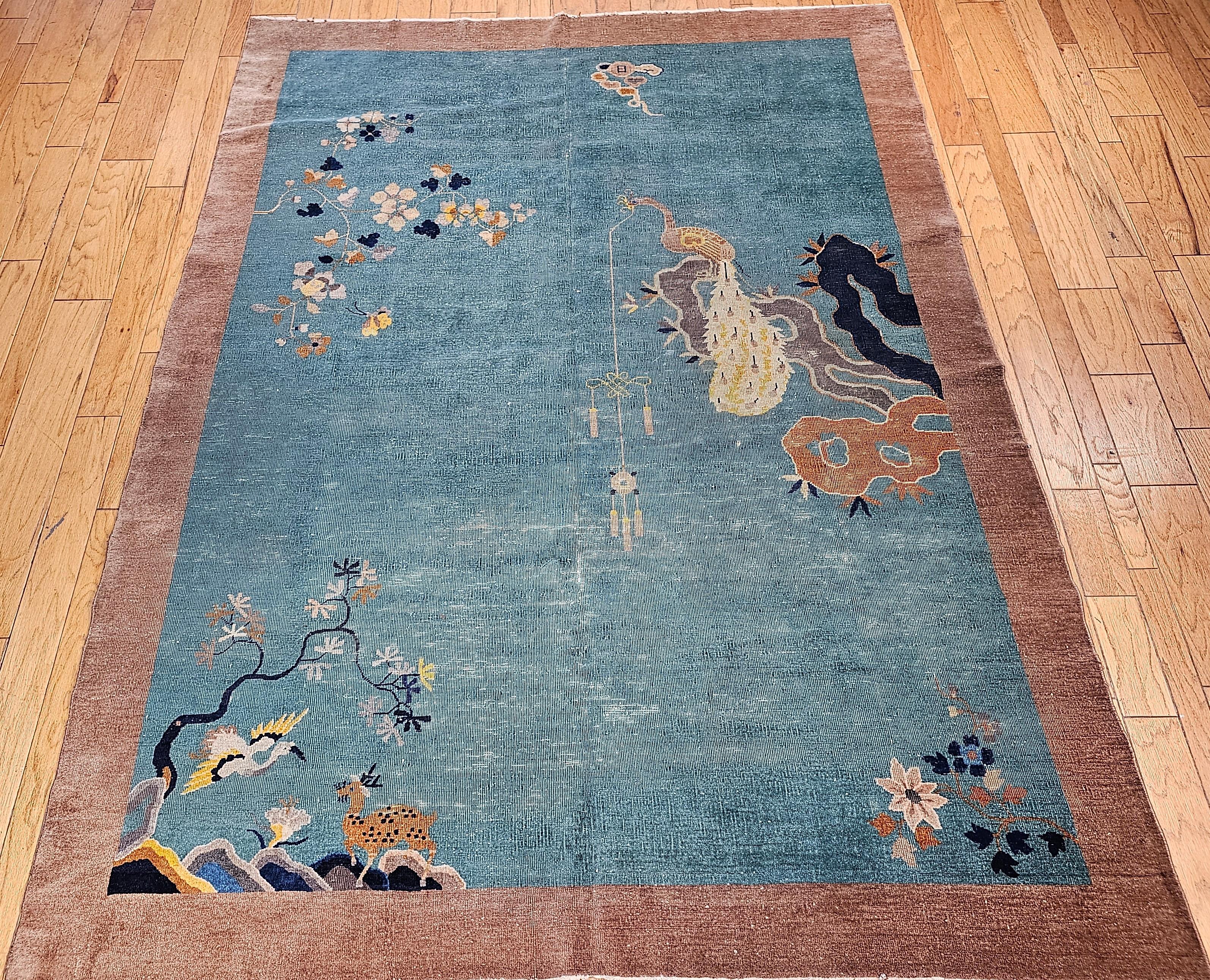 Vintage Room Size Art Deco Chinese Rug with Birds in Teal, Brown, Blue, Yellow For Sale 4