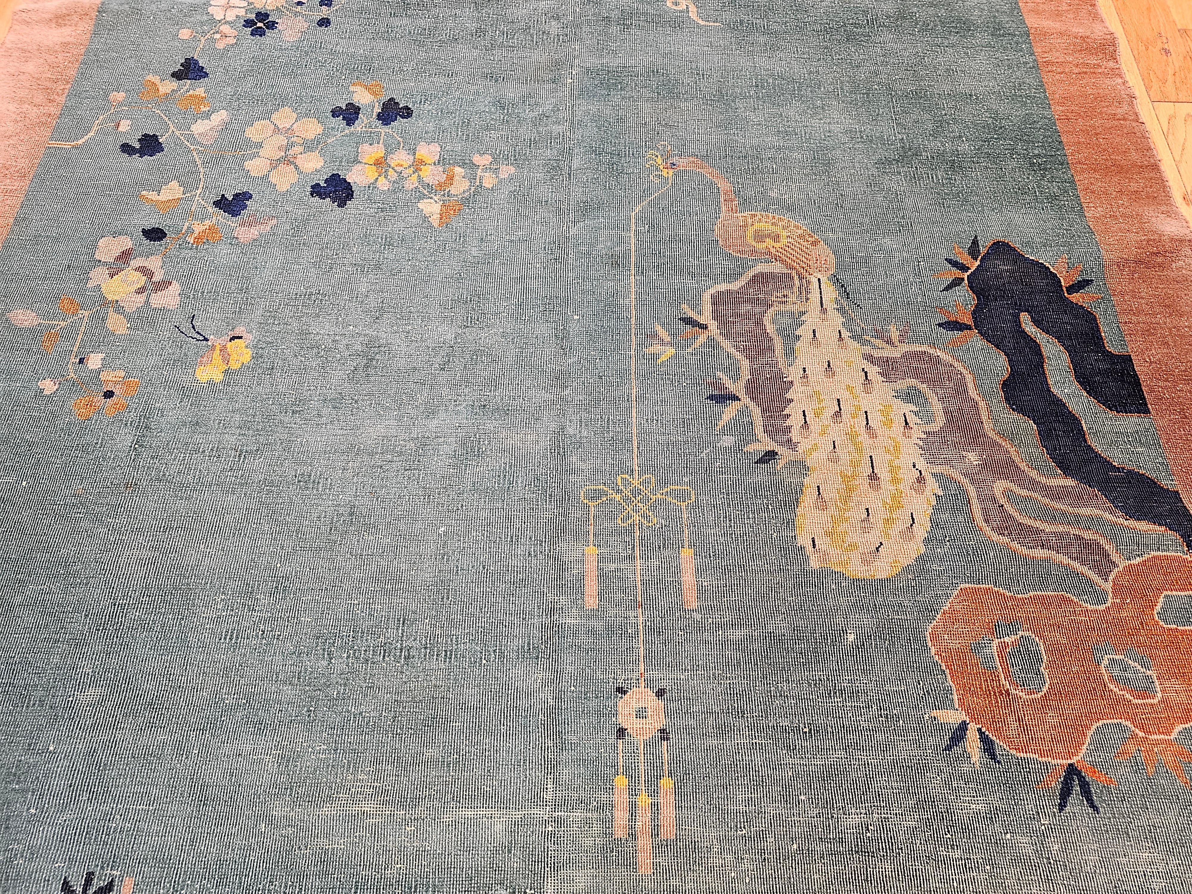 Hand-Woven Vintage Room Size Art Deco Chinese Rug with Birds in Teal, Brown, Blue, Yellow For Sale