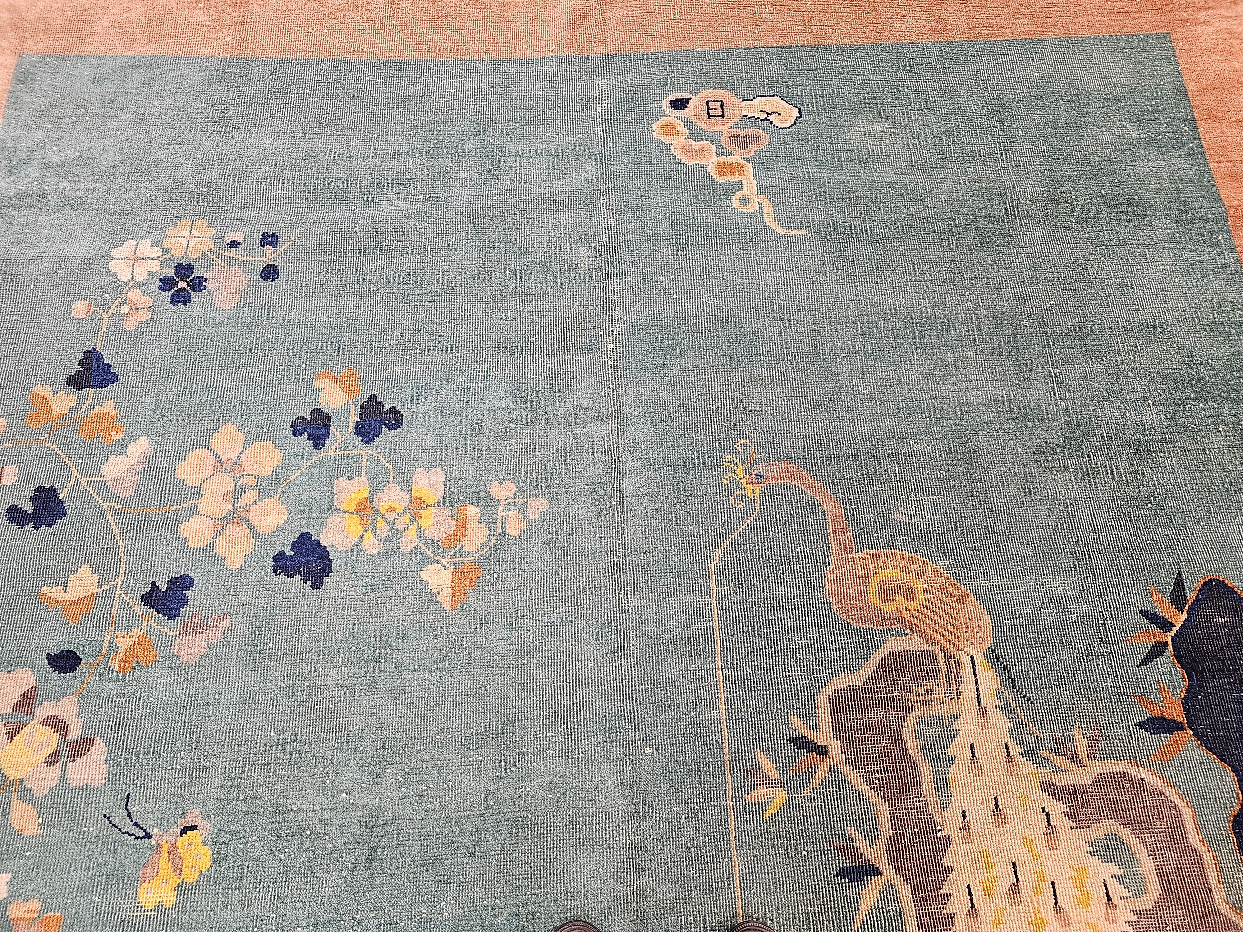 Vintage Room Size Art Deco Chinese Rug with Birds in Teal, Brown, Blue, Yellow In Good Condition For Sale In Barrington, IL