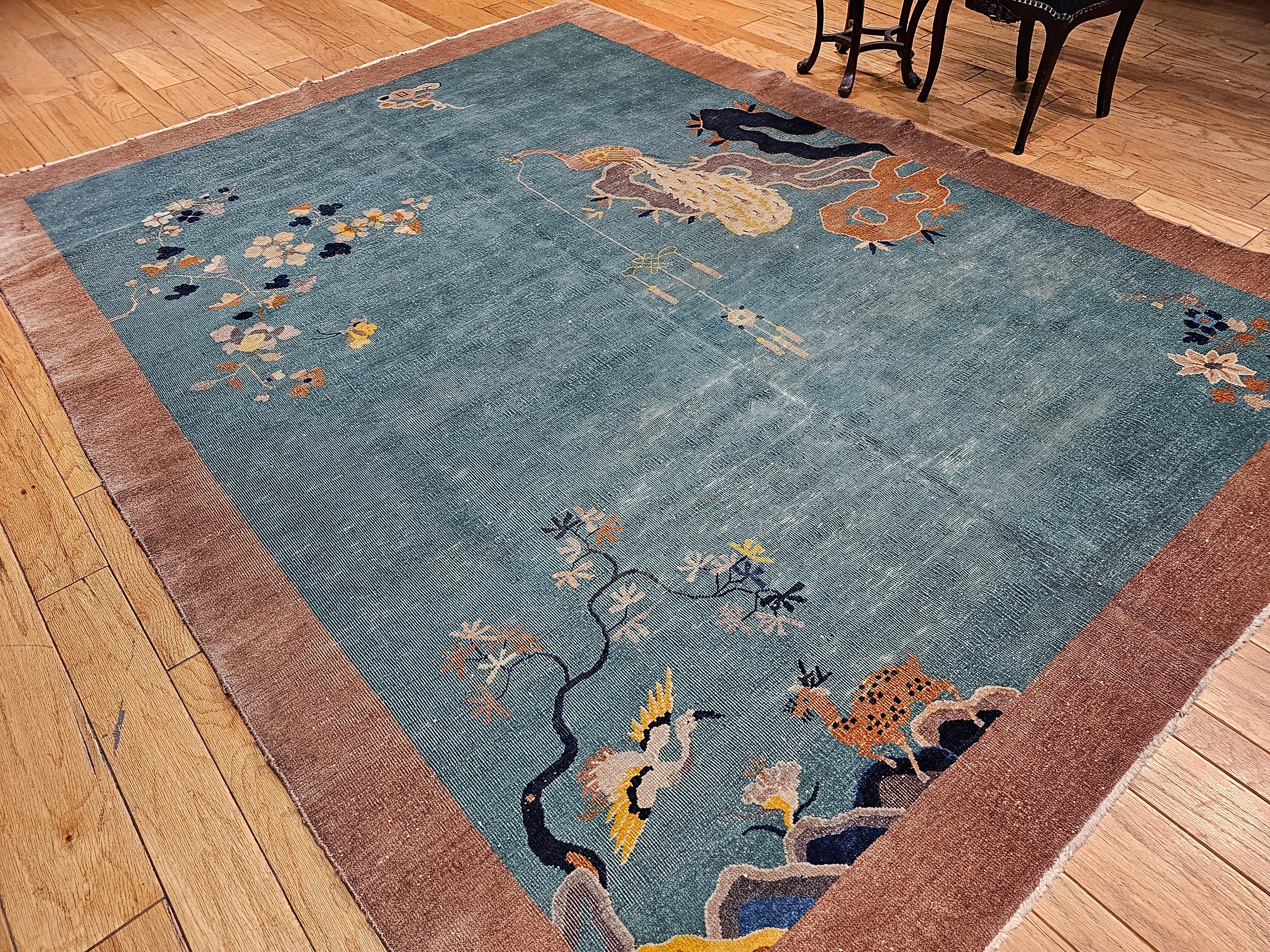 20th Century Vintage Room Size Art Deco Chinese Rug with Birds in Teal, Brown, Blue, Yellow For Sale