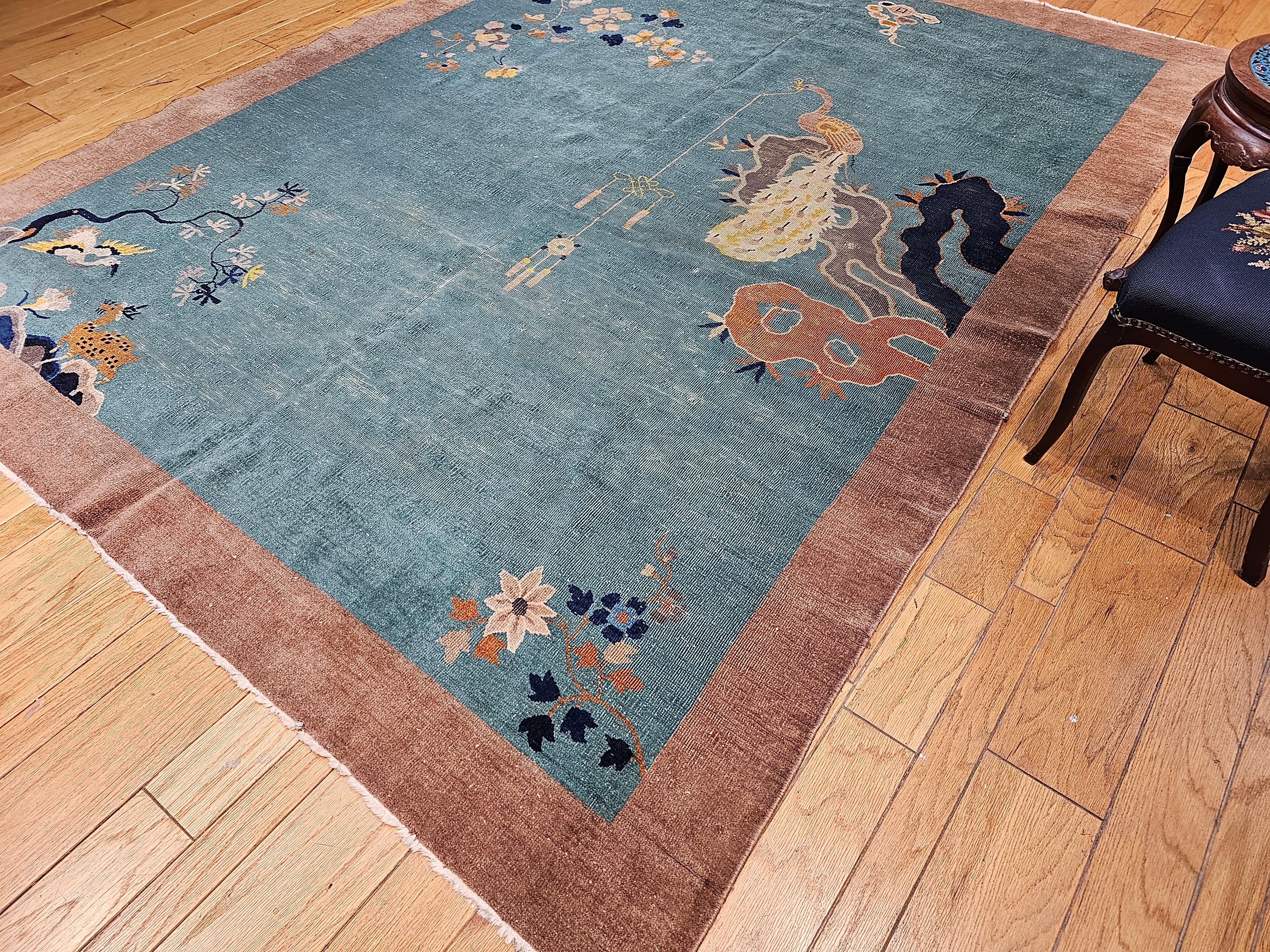 Wool Vintage Room Size Art Deco Chinese Rug with Birds in Teal, Brown, Blue, Yellow For Sale