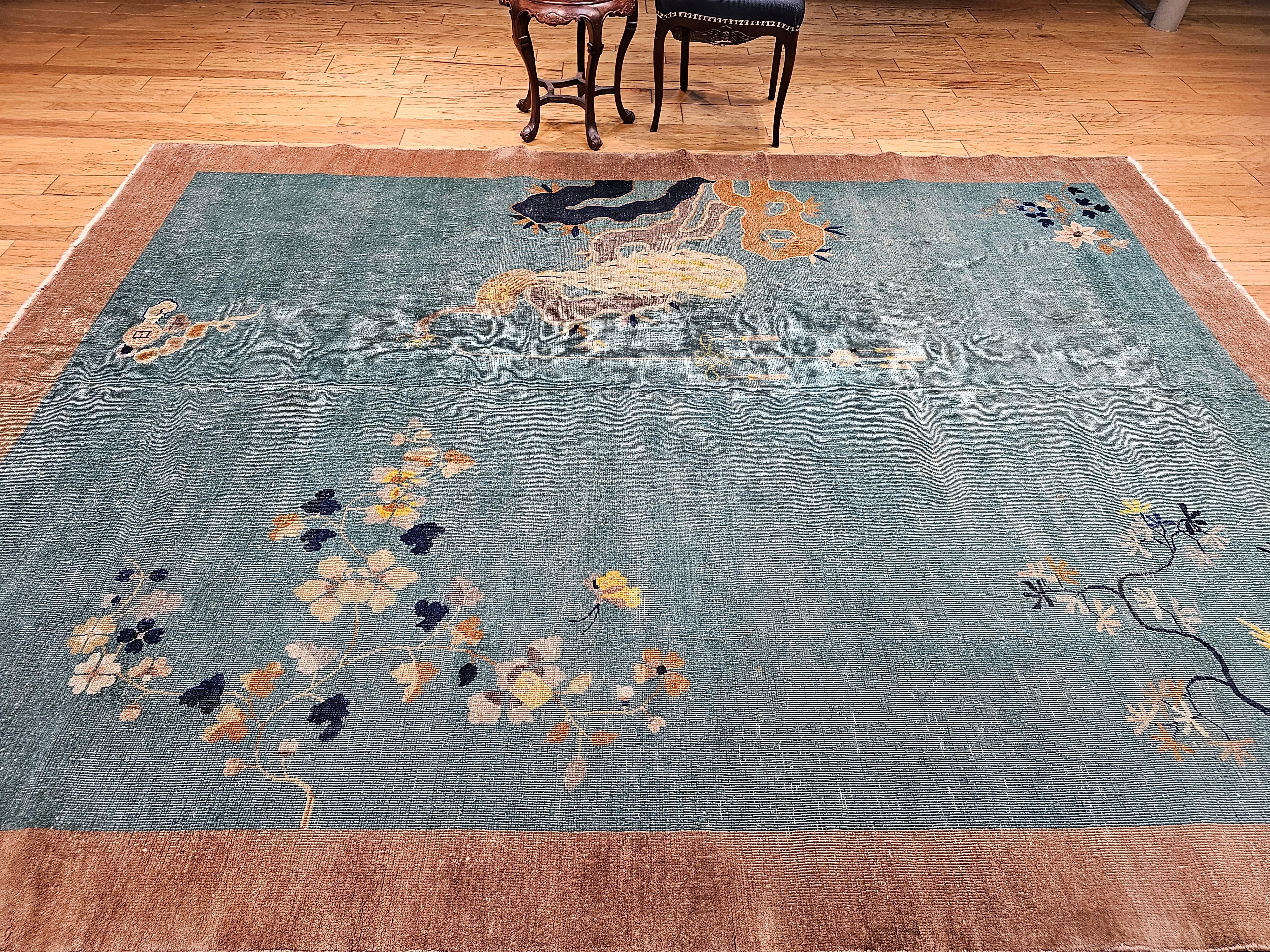Vintage Room Size Art Deco Chinese Rug with Birds in Teal, Brown, Blue, Yellow For Sale 1