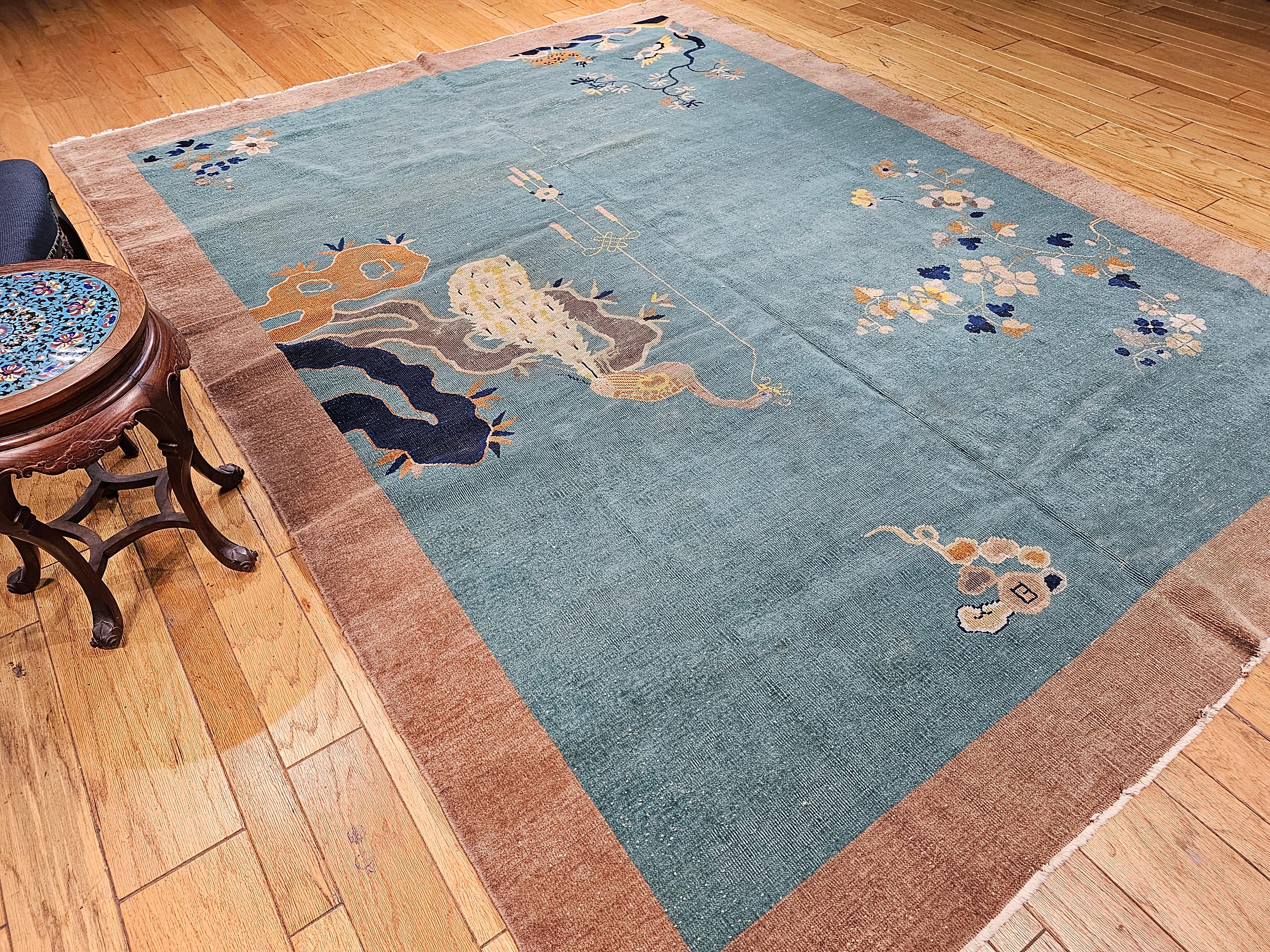 Vintage Room Size Art Deco Chinese Rug with Birds in Teal, Brown, Blue, Yellow For Sale 2