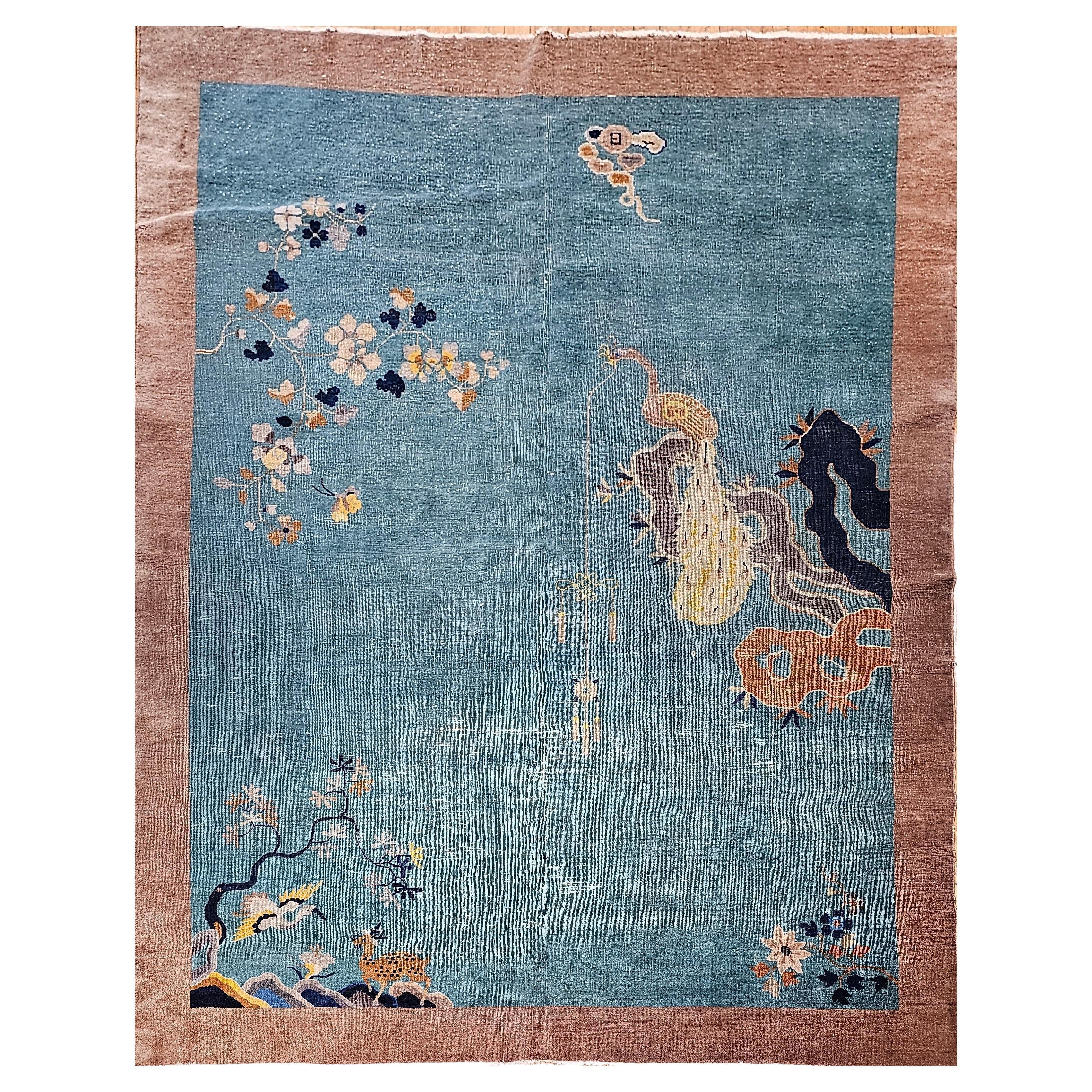 Vintage Room Size Art Deco Chinese Rug with Birds in Teal, Brown, Blue, Yellow For Sale