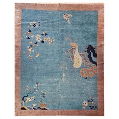Vintage Room Size Art Deco Chinese Rug mit Vögeln in Teal, Brown, Blue, Yellow