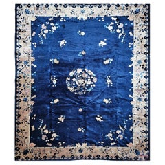 Vintage Room Size Chinese Art Deco Rug, Hand-Knotted Navy Blue, Taupe, 9' x 12'