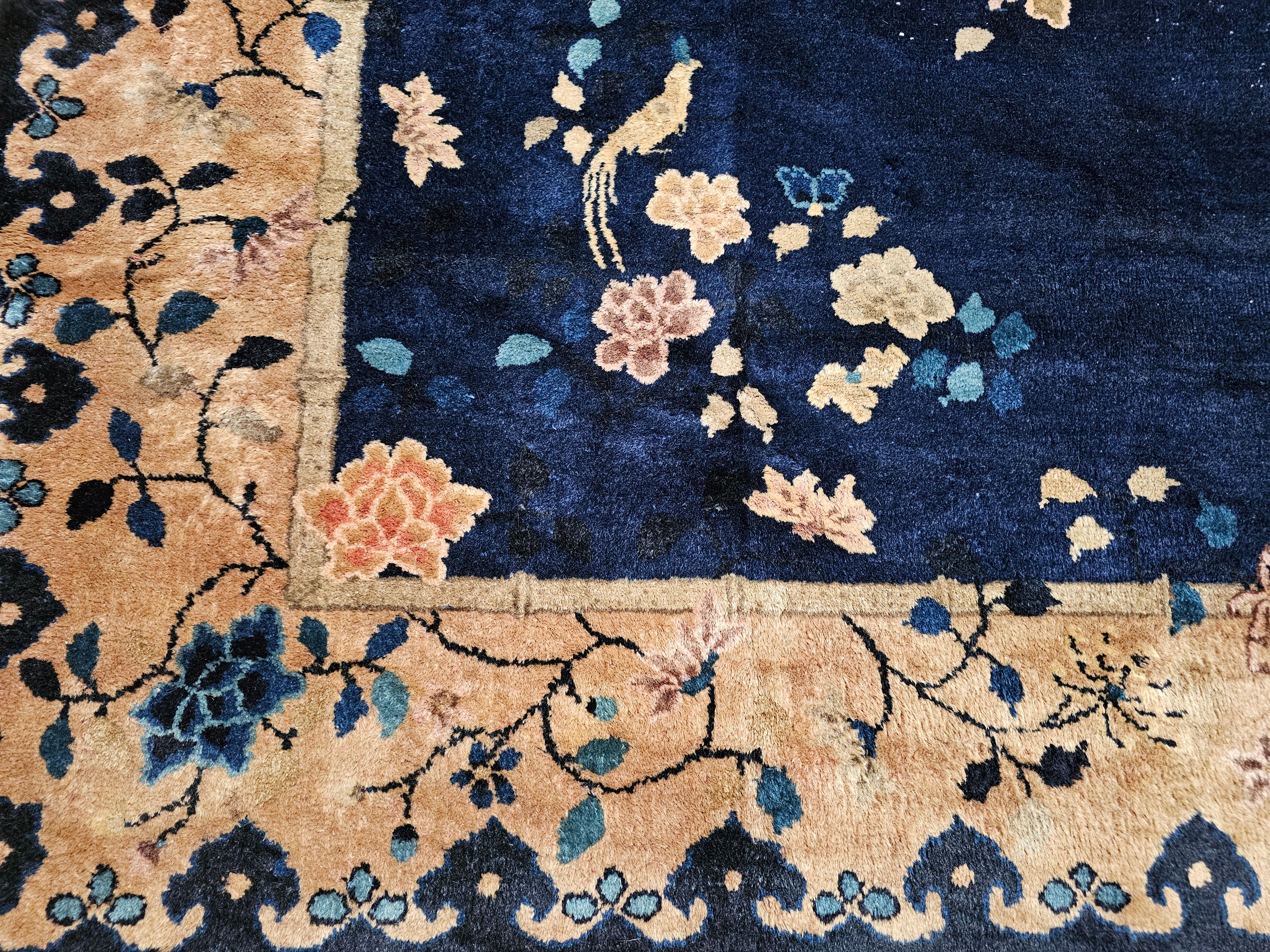 Vintage Room Size Chinese Art Deco Rug in Navy Blue, Taupe For Sale 4