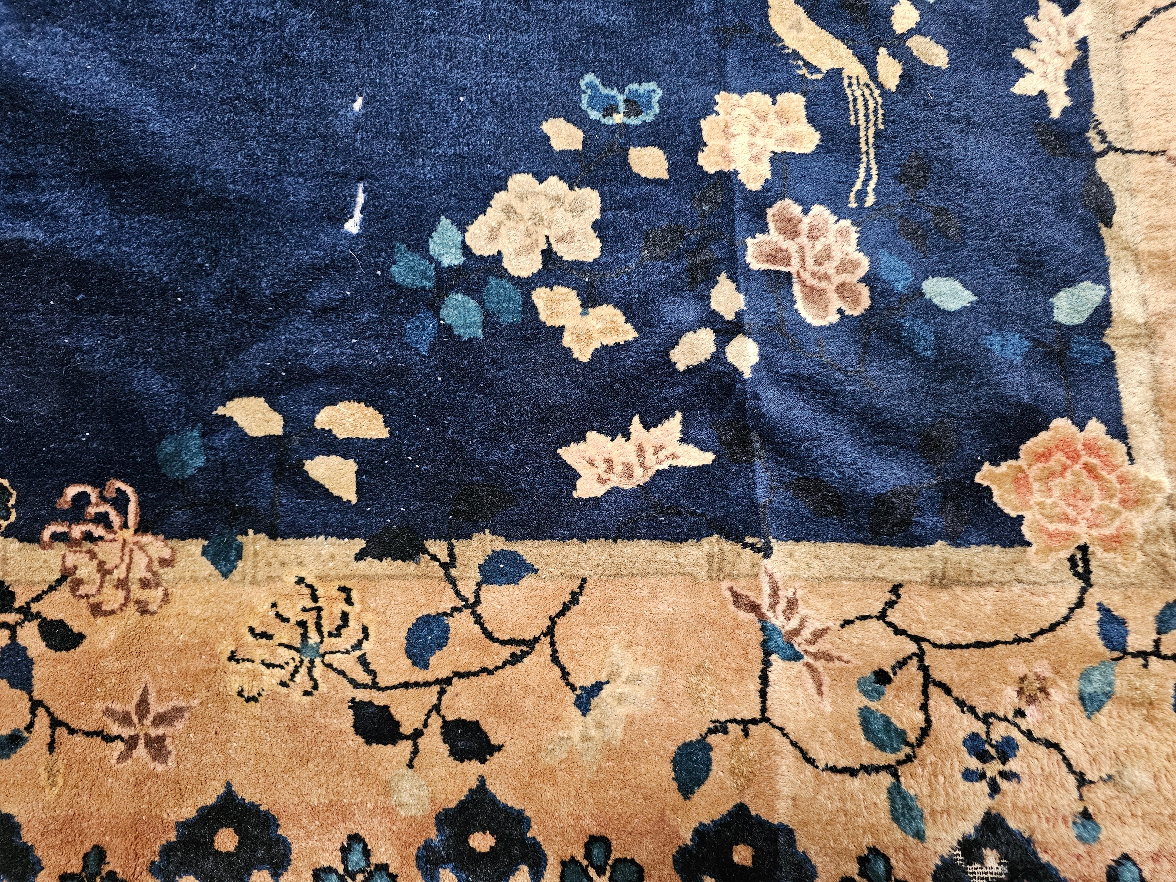 Vintage Room Size Chinese Art Deco Rug in Navy Blue, Taupe For Sale 5