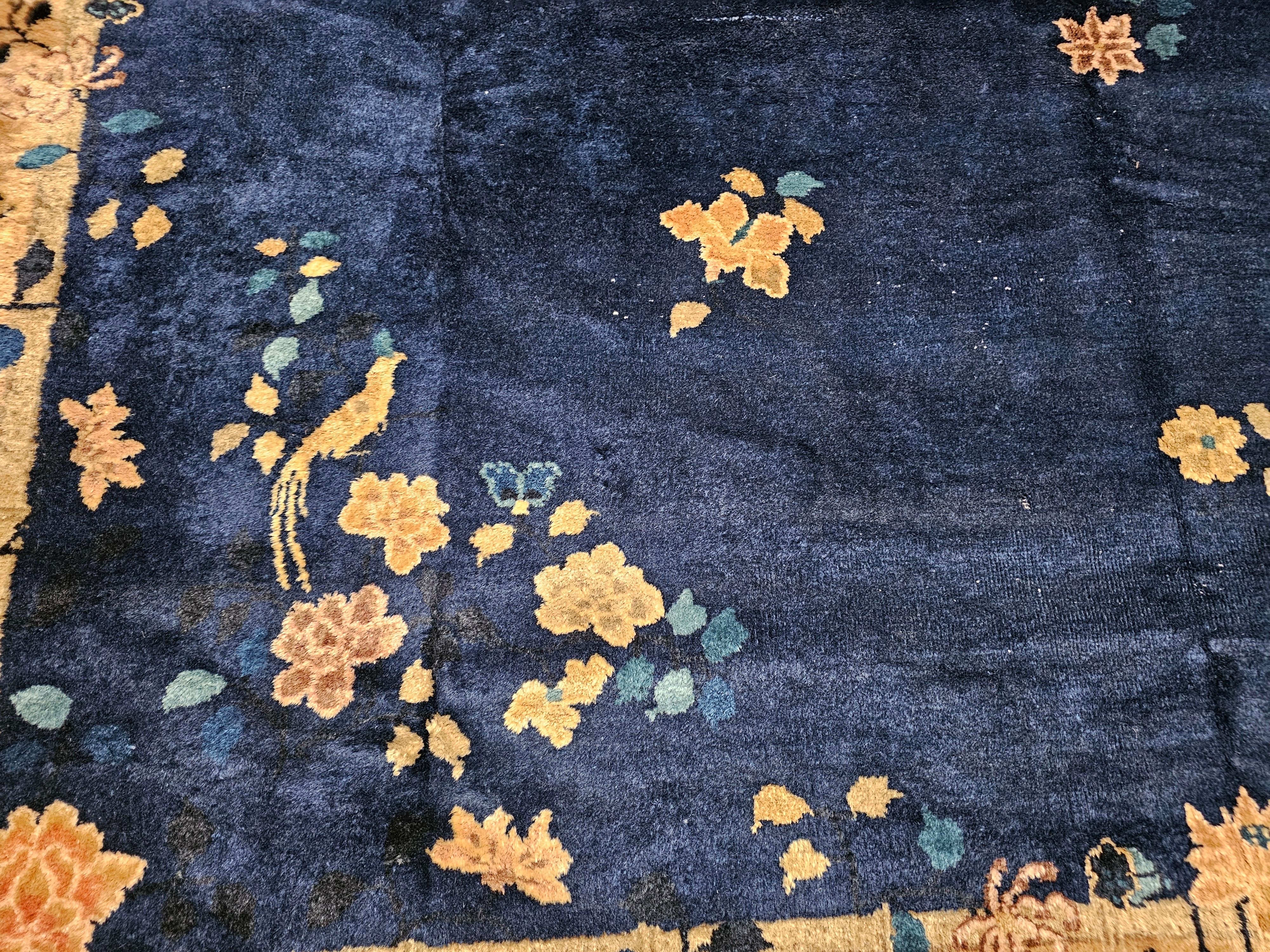 Vintage Room Size Chinese Art Deco Rug in Navy Blue, Taupe For Sale 6