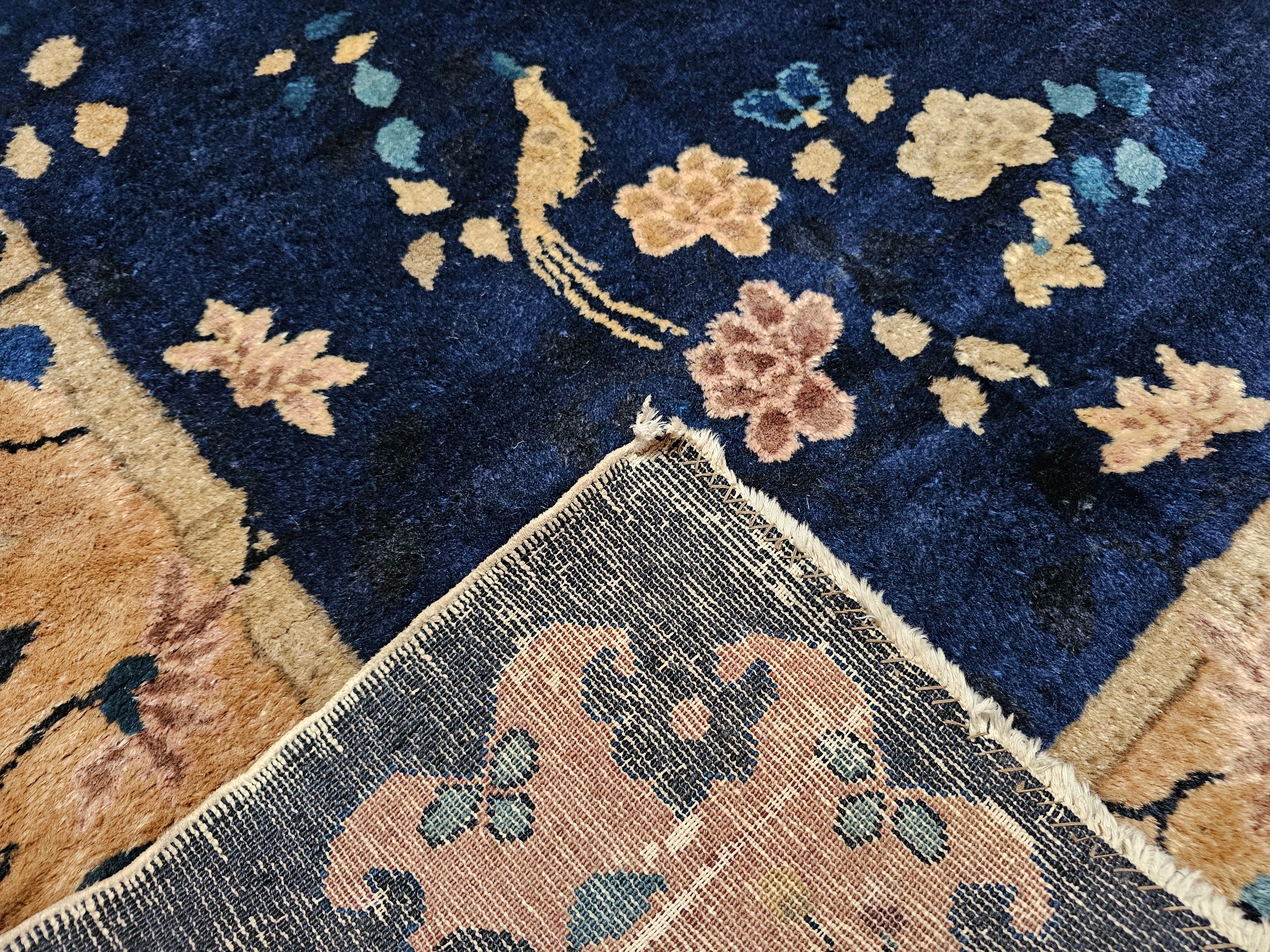 Vintage Room Size Chinese Art Deco Rug in Navy Blue, Taupe For Sale 7