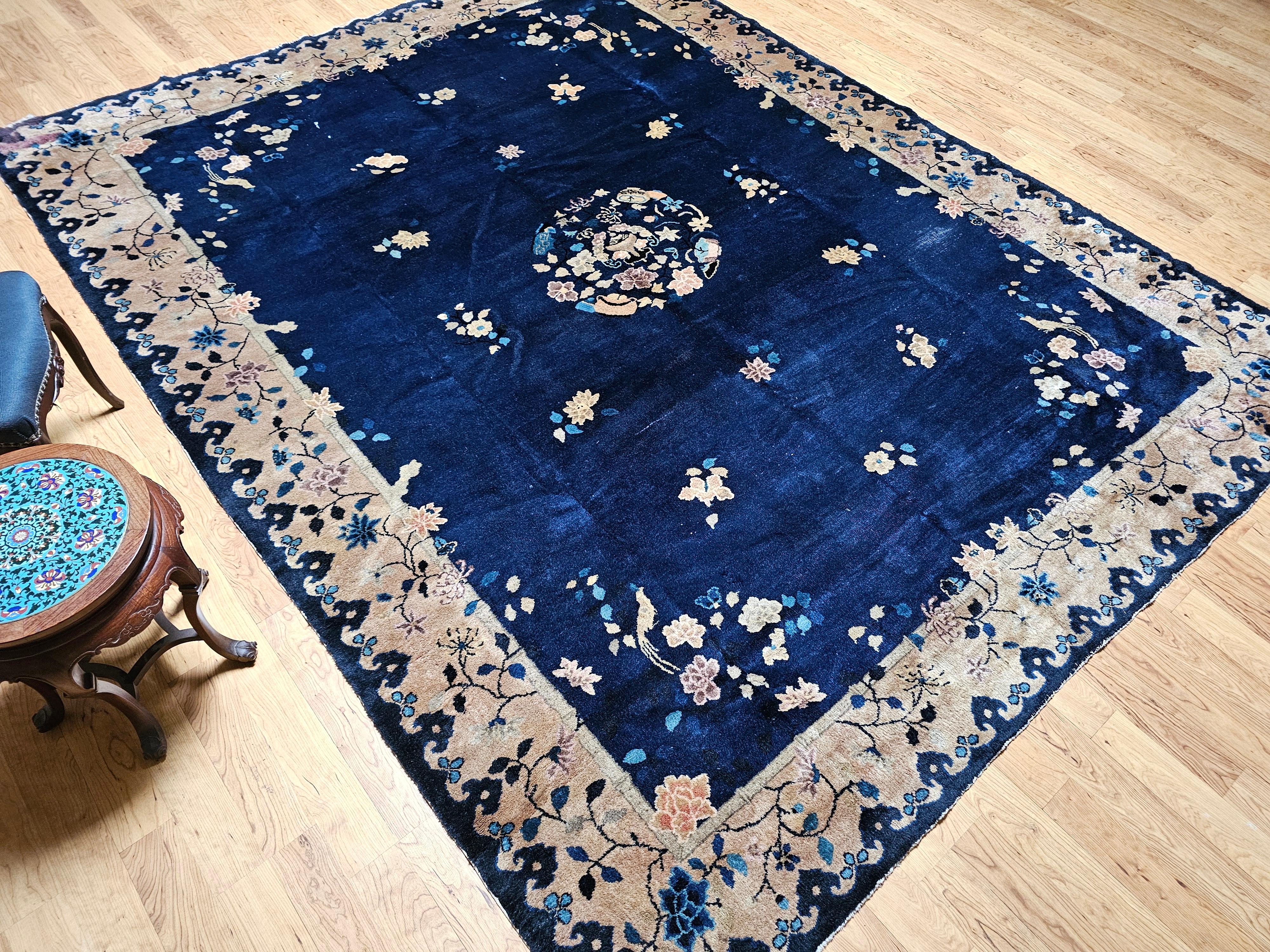 Vintage Room Size Chinese Art Deco Rug in Navy Blue, Taupe For Sale 8