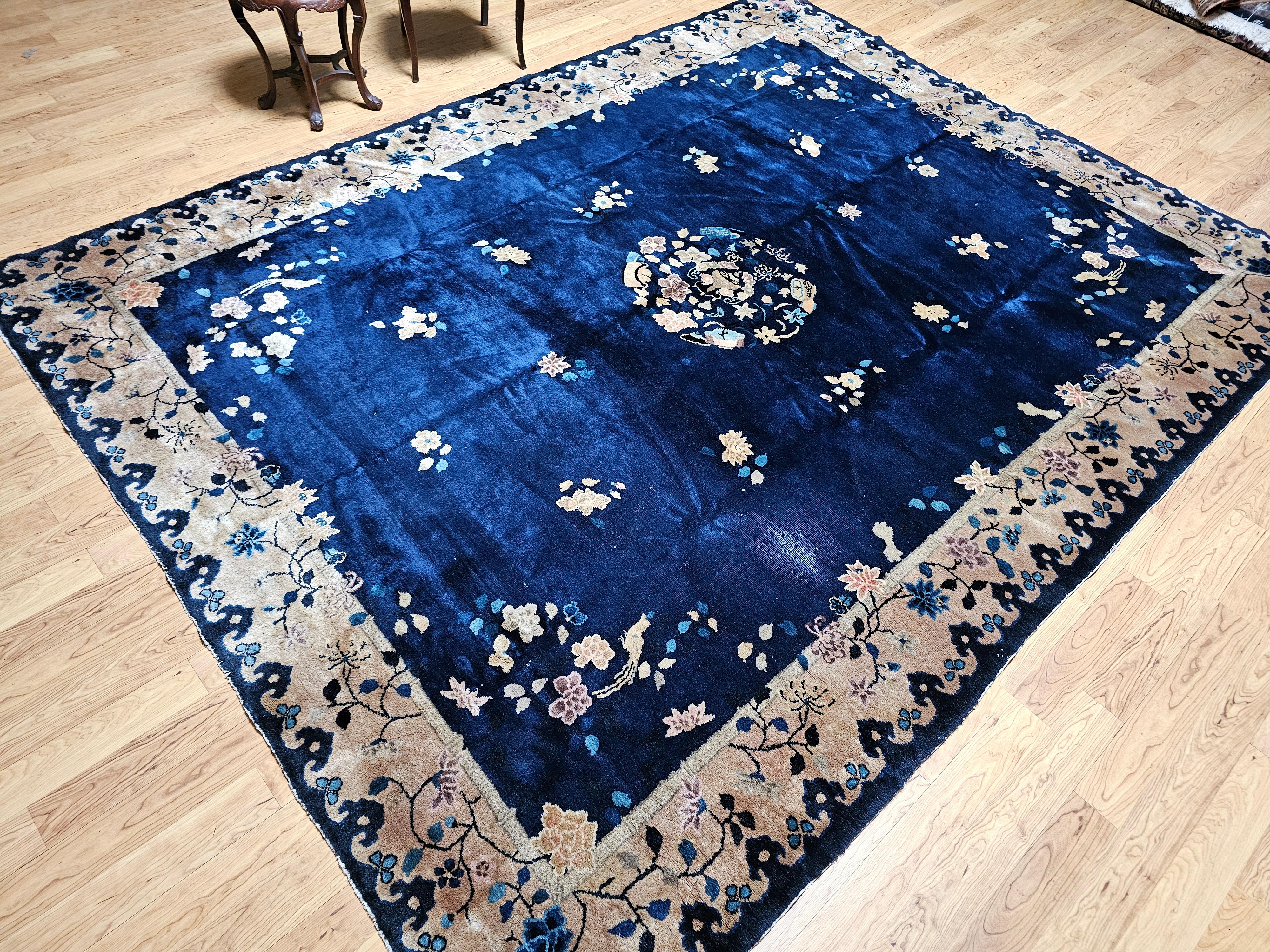 Vintage Room Size Chinese Art Deco Rug in Navy Blue, Taupe For Sale 10