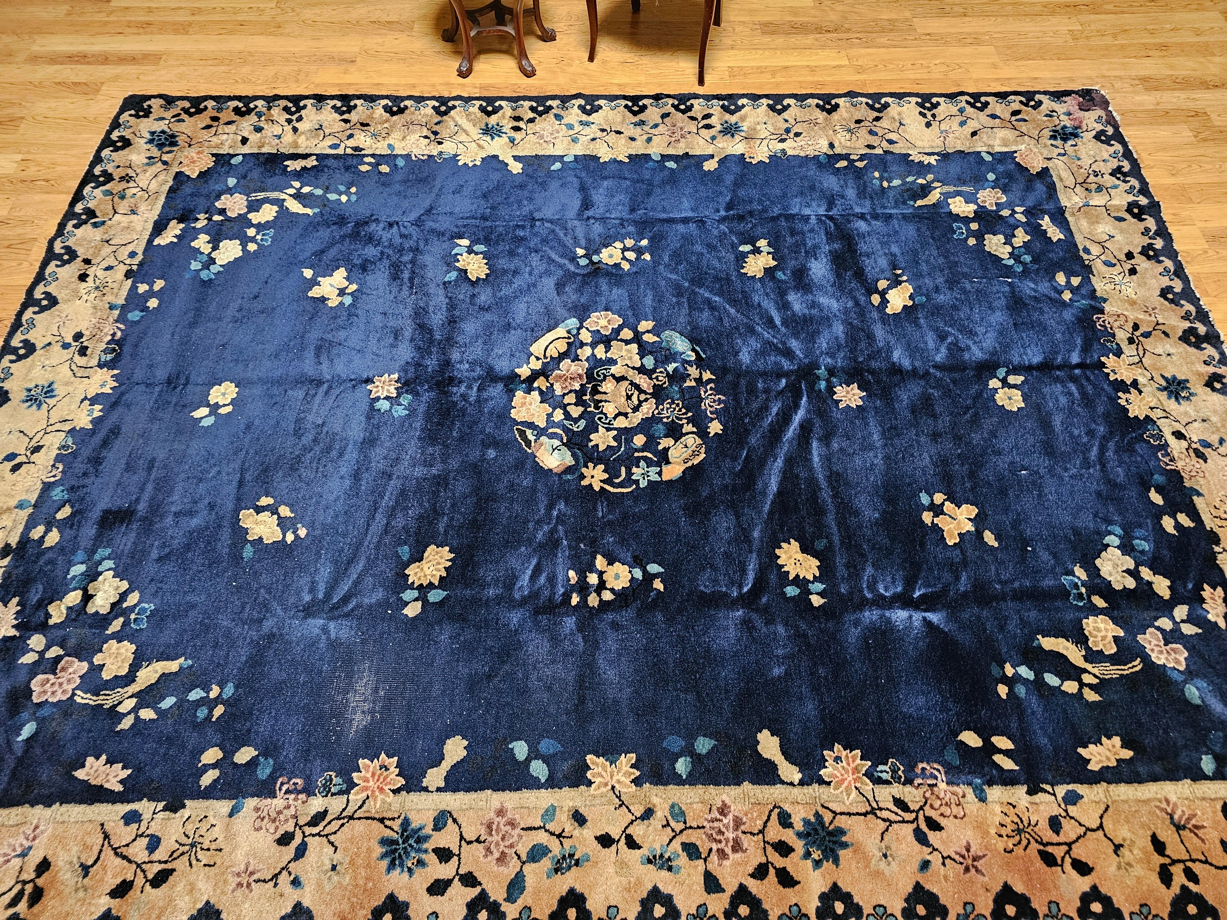 Vintage Room Size Chinese Art Deco Rug in Navy Blue, Taupe For Sale 11