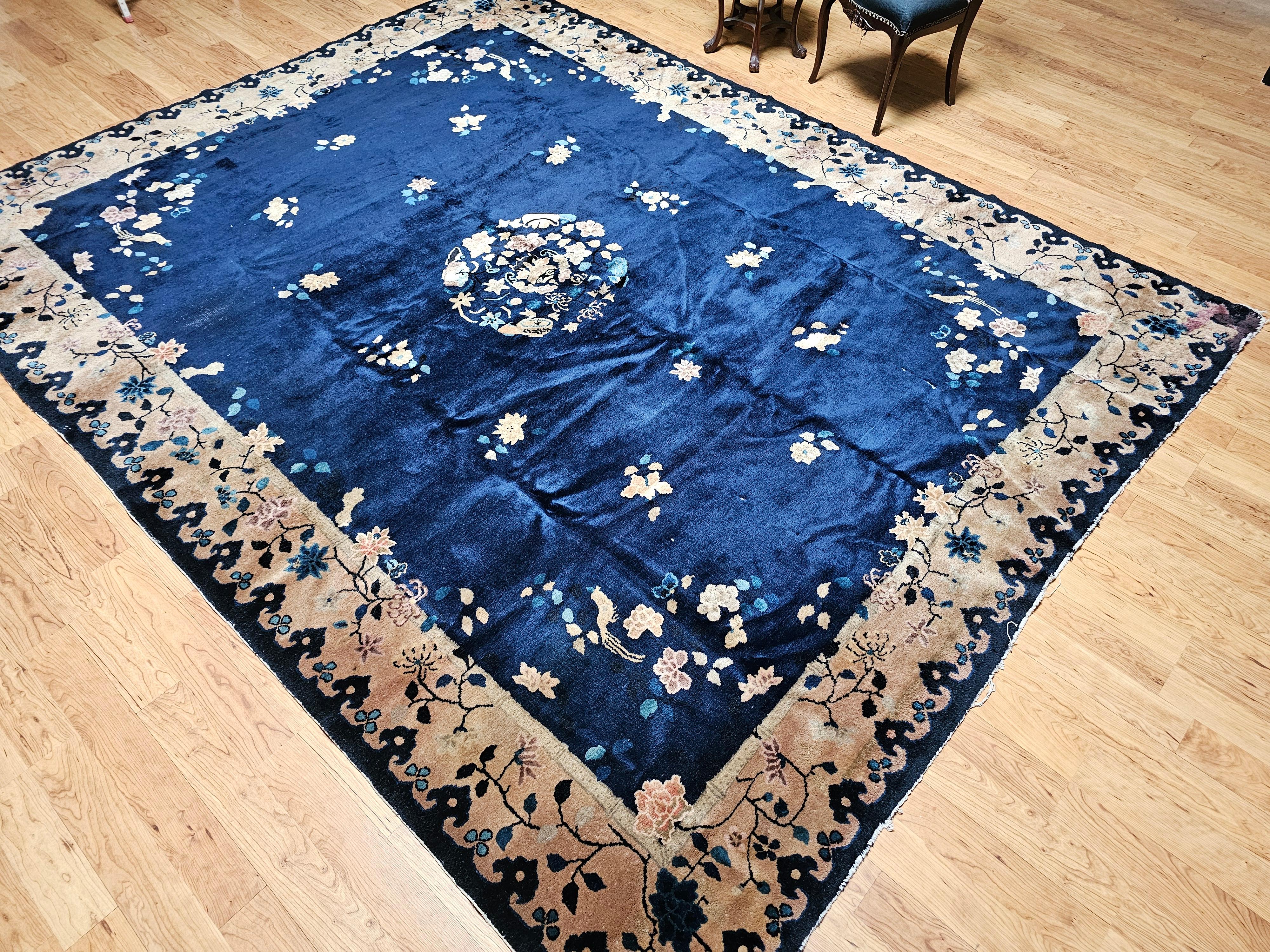 Vintage Room Size Chinese Art Deco Rug in Navy Blue, Taupe For Sale 12